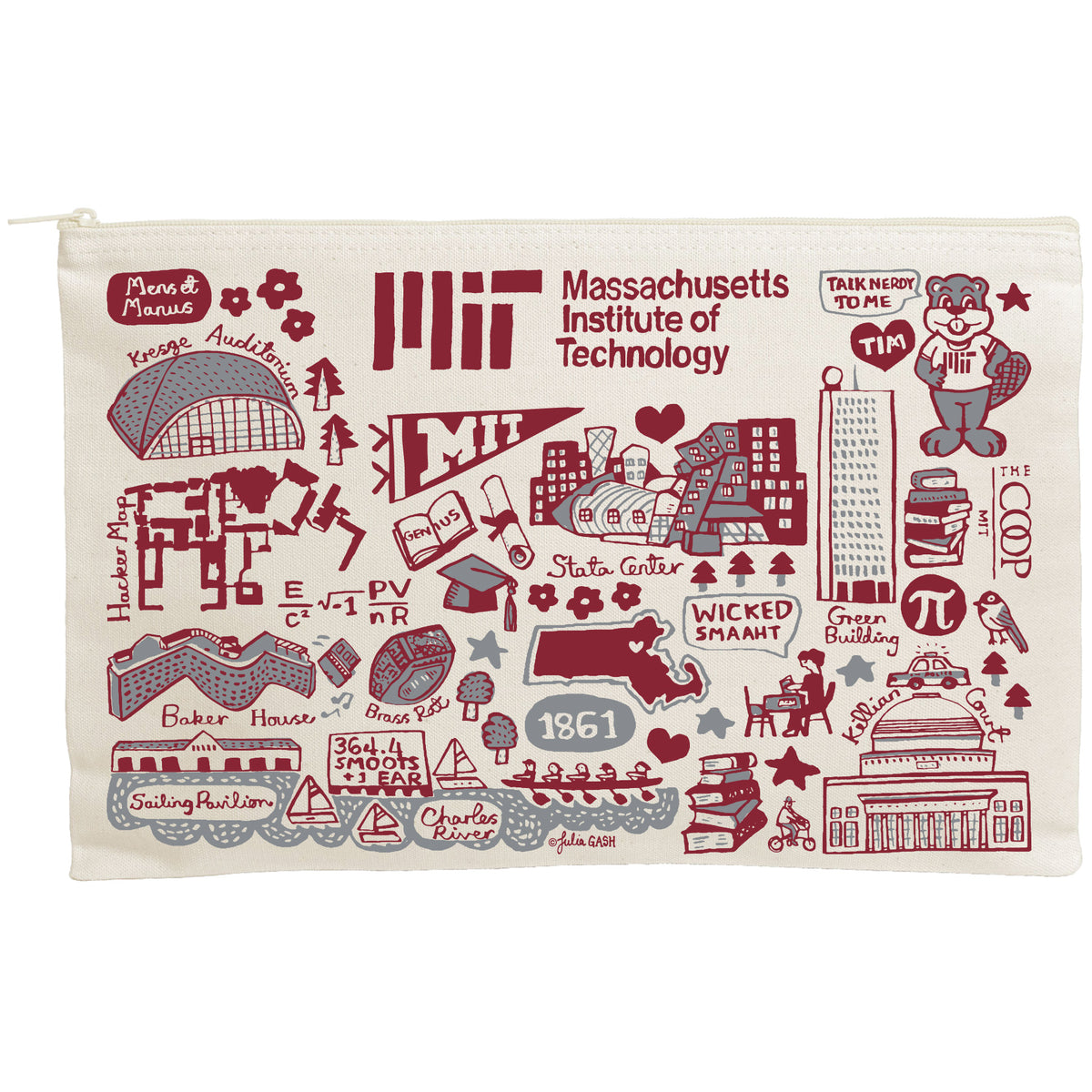 MIT zipper case with Julia Gash campus illustrations in red and gray