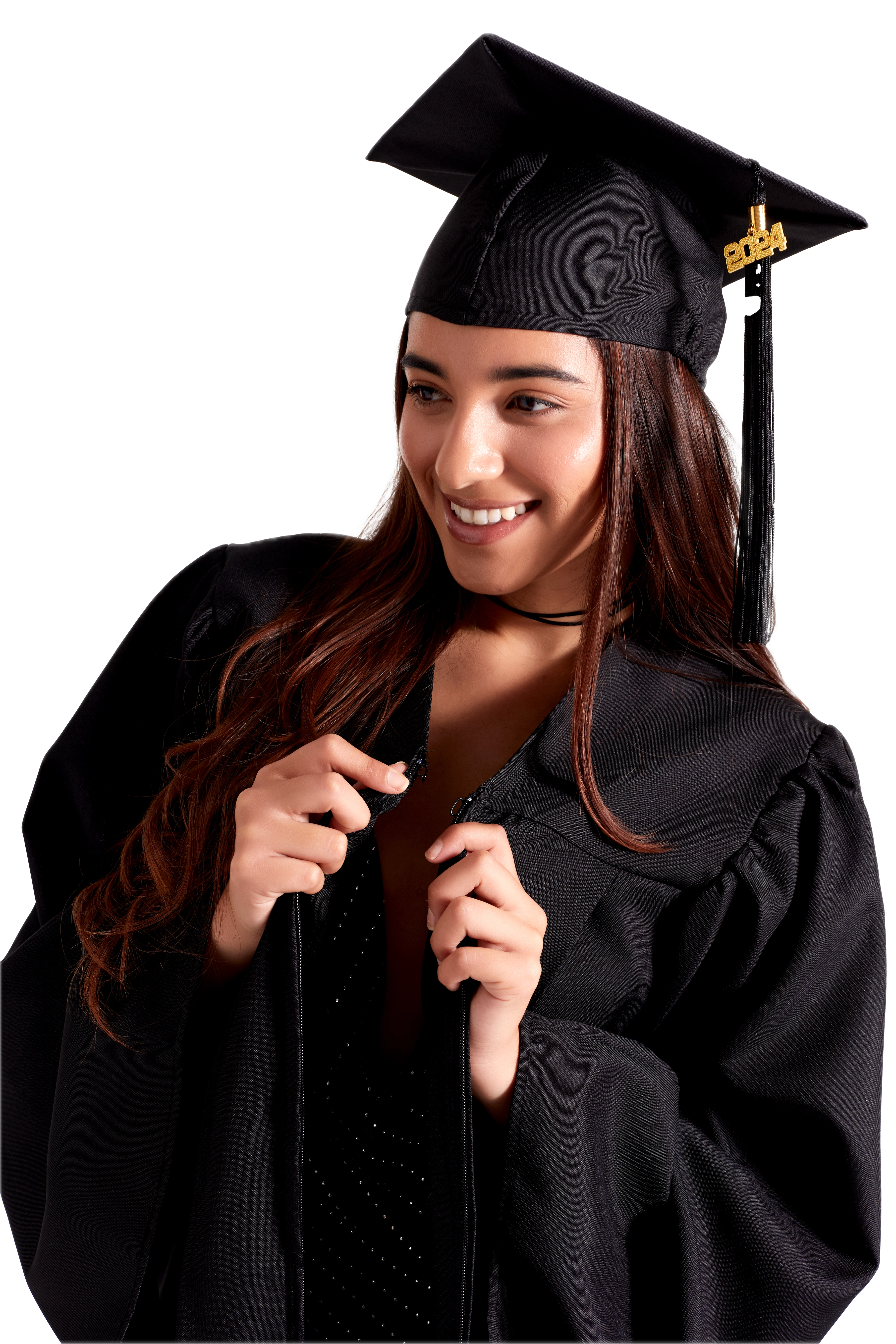 Bachelor’s Regalia Set – includes black bachelor’s gown with pockets and mortarboard cap with year-dated tassel with program color for official commencement.