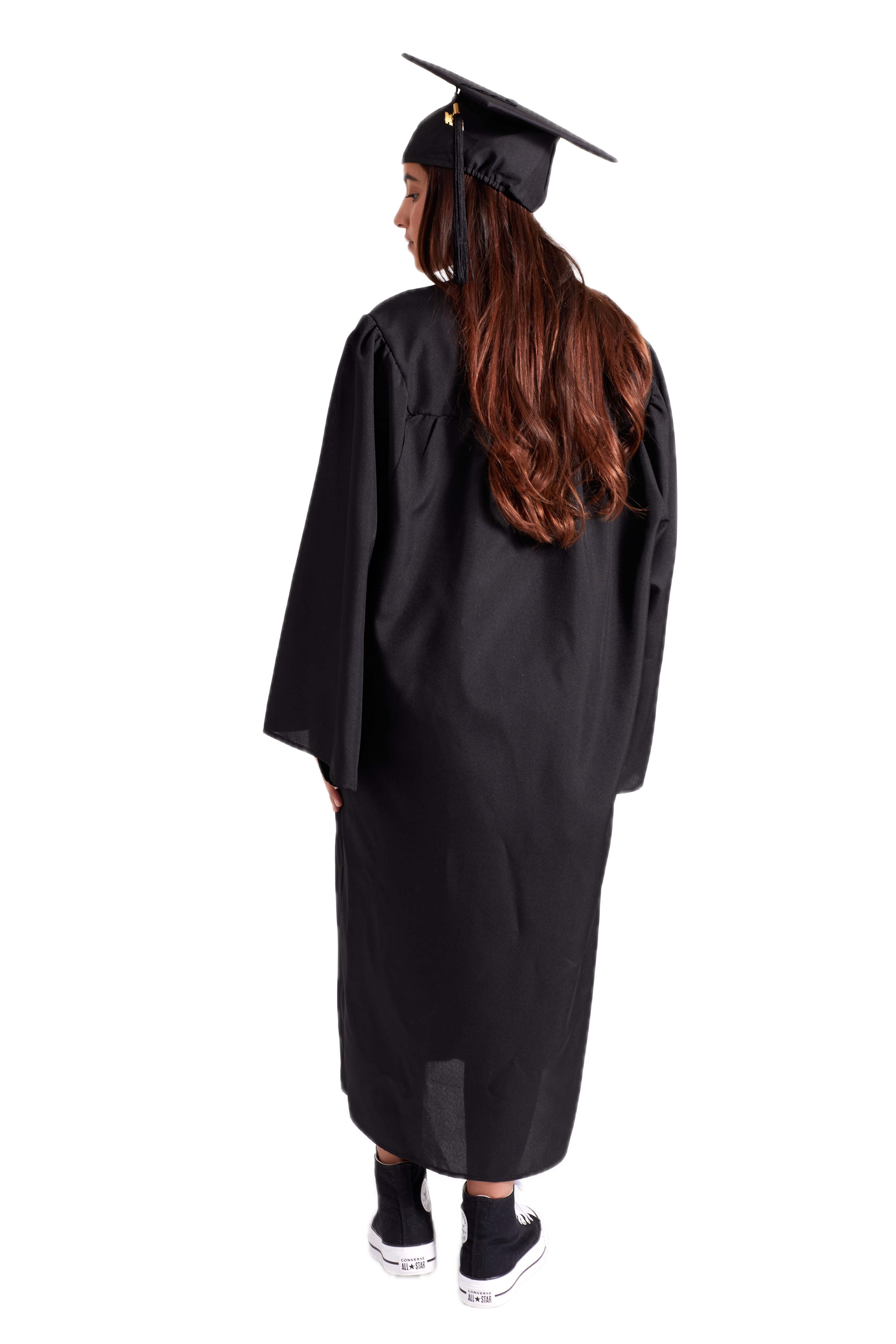 Bachelor’s Regalia Set – includes black bachelor’s gown with pockets and mortarboard cap with year-dated tassel with program color for official commencement.