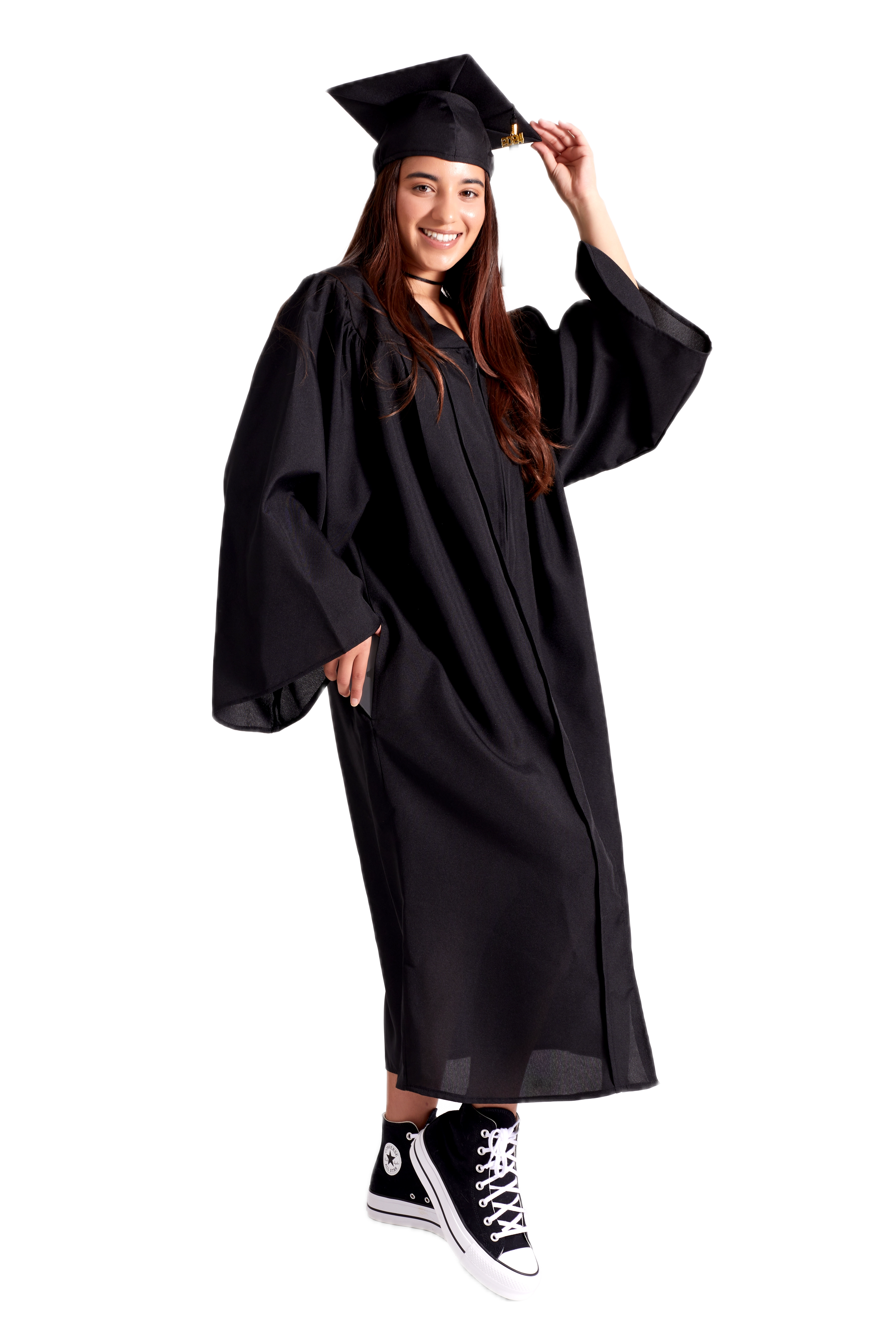 Bachelor’s Regalia Set – includes black bachelor’s gown with pockets and mortarboard cap with year-dated tassel with program color for official commencement.