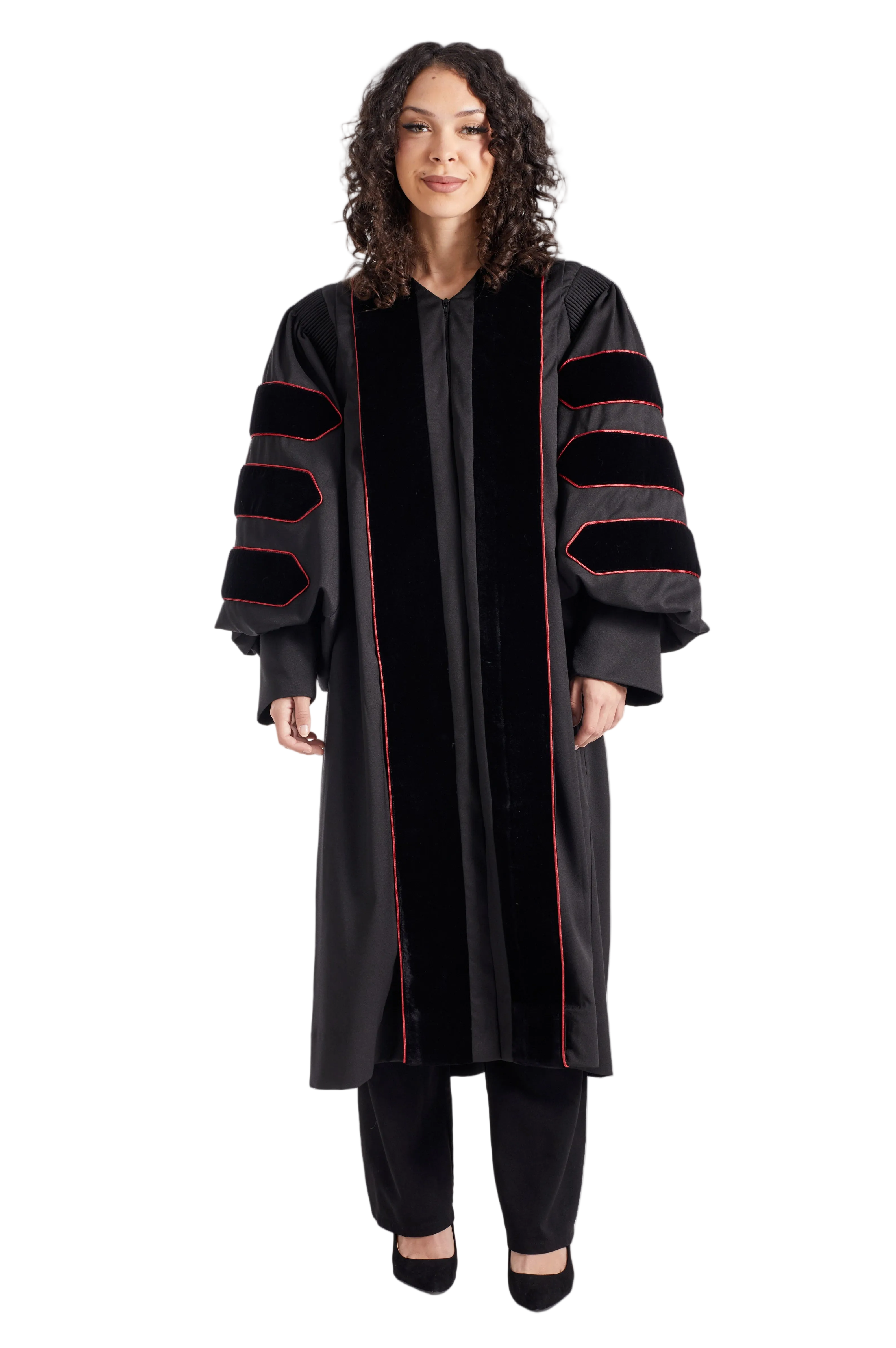 University of Louisville doctoral gown in silver gray with cardinal red velvet panels and chevrons