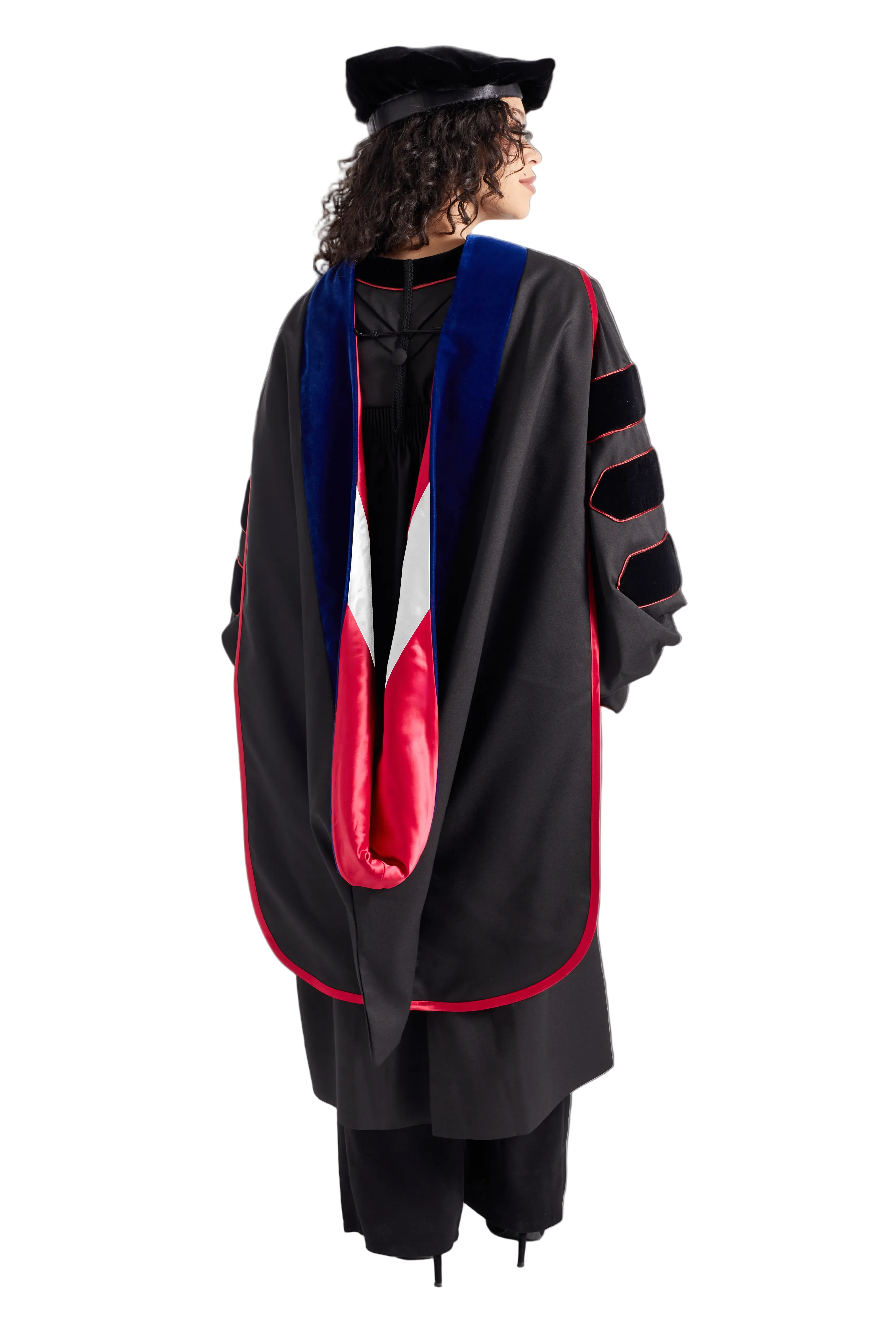 Indiana University Bloomington PhD Regalia Set. Doctoral Gown, Hood, and Eight Sided Doctoral Tam with Tassel