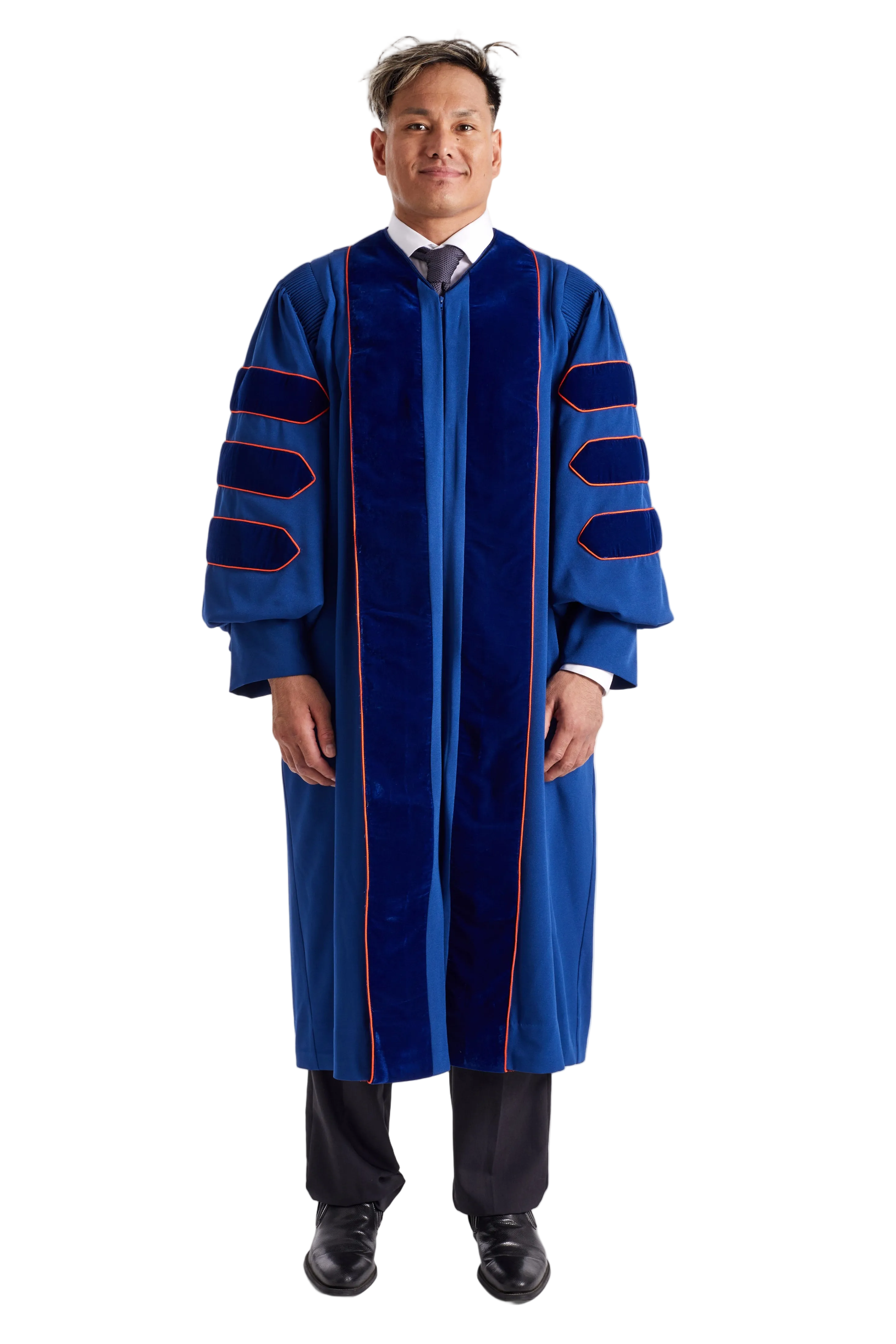 Pepperdine University doctoral gown in dark blue with blue velvet panels and chevrons