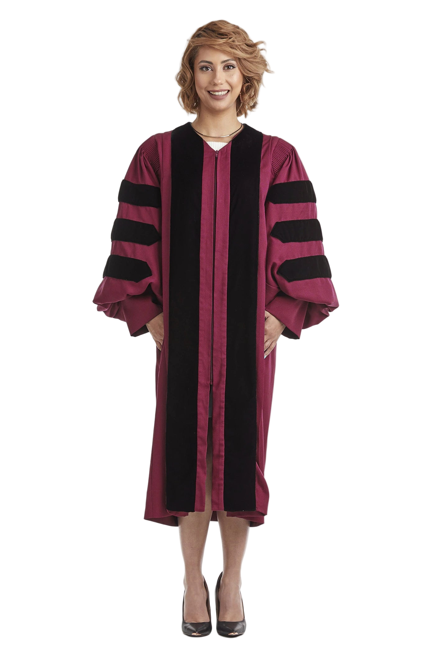 Arizona State University doctoral gown in official maroon and black, featuring plush velvet panels, three velvet chevrons on bell sleeves, and premium tailored fabric designed to meet Intercollegiate Bureau of Academic Costume standards.