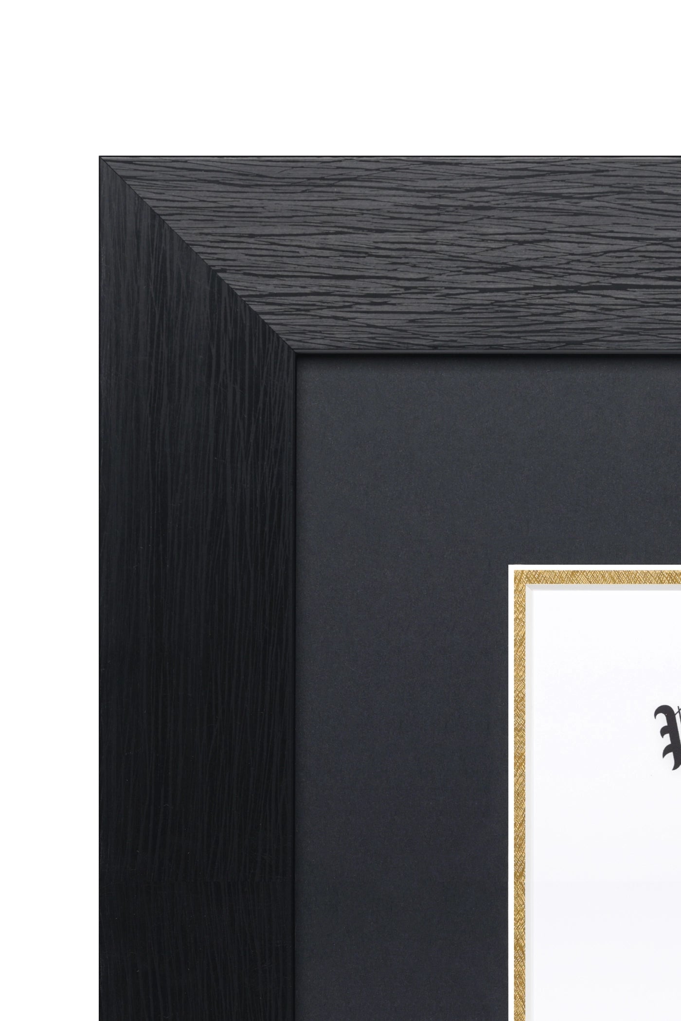 This close up of The Modern Doctoral Diploma Frame in Onyx Noir, provides view of the sleek moulding.