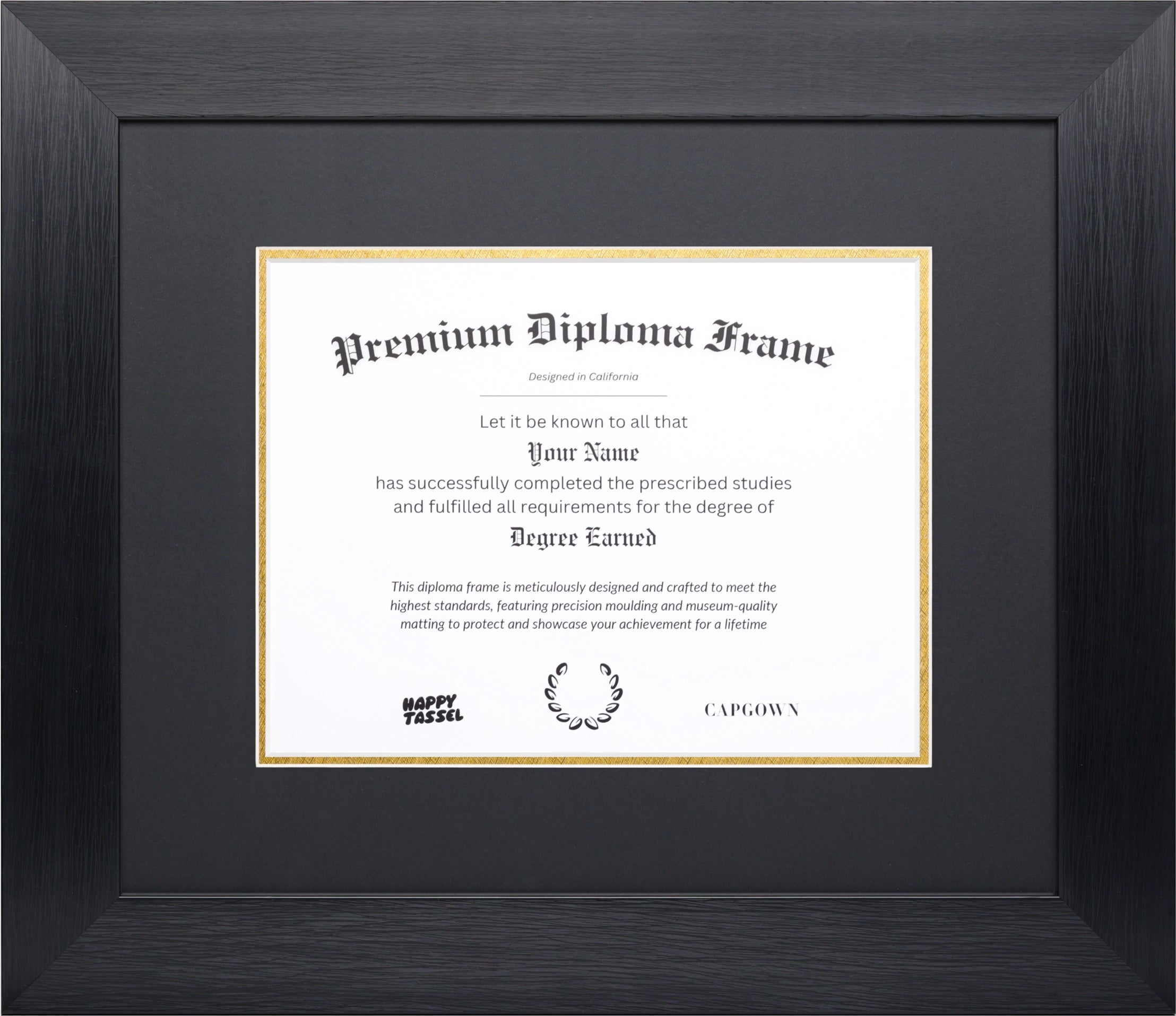 The Modern Doctoral Diploma Frame in Onyx Noir, featuring a sleek black wood moulding with archival black and gold matting