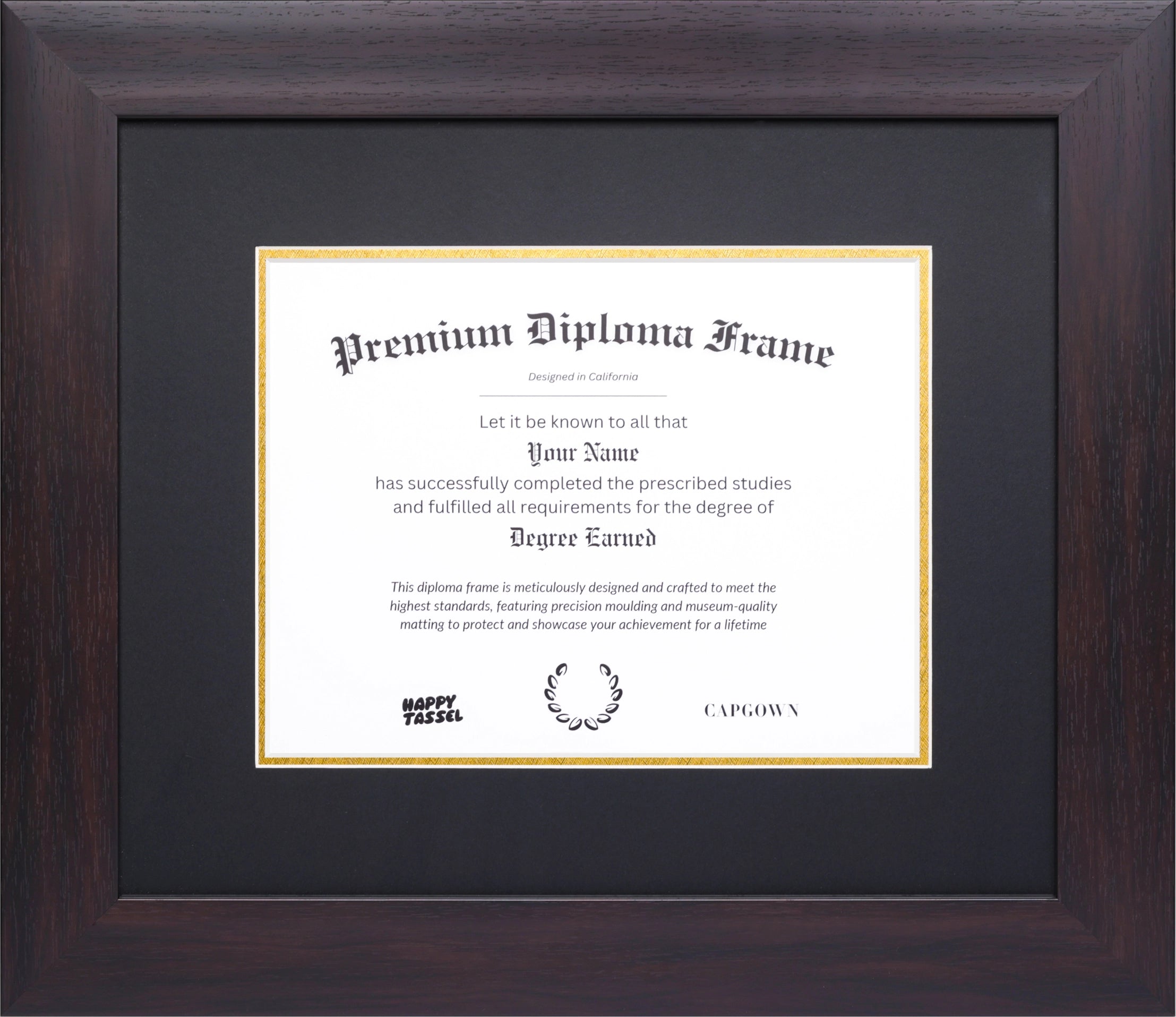 The Modern Doctoral Diploma Frame in Havana Walnut, showcasing a rich dark brown wood moulding with archival black and gold matting.