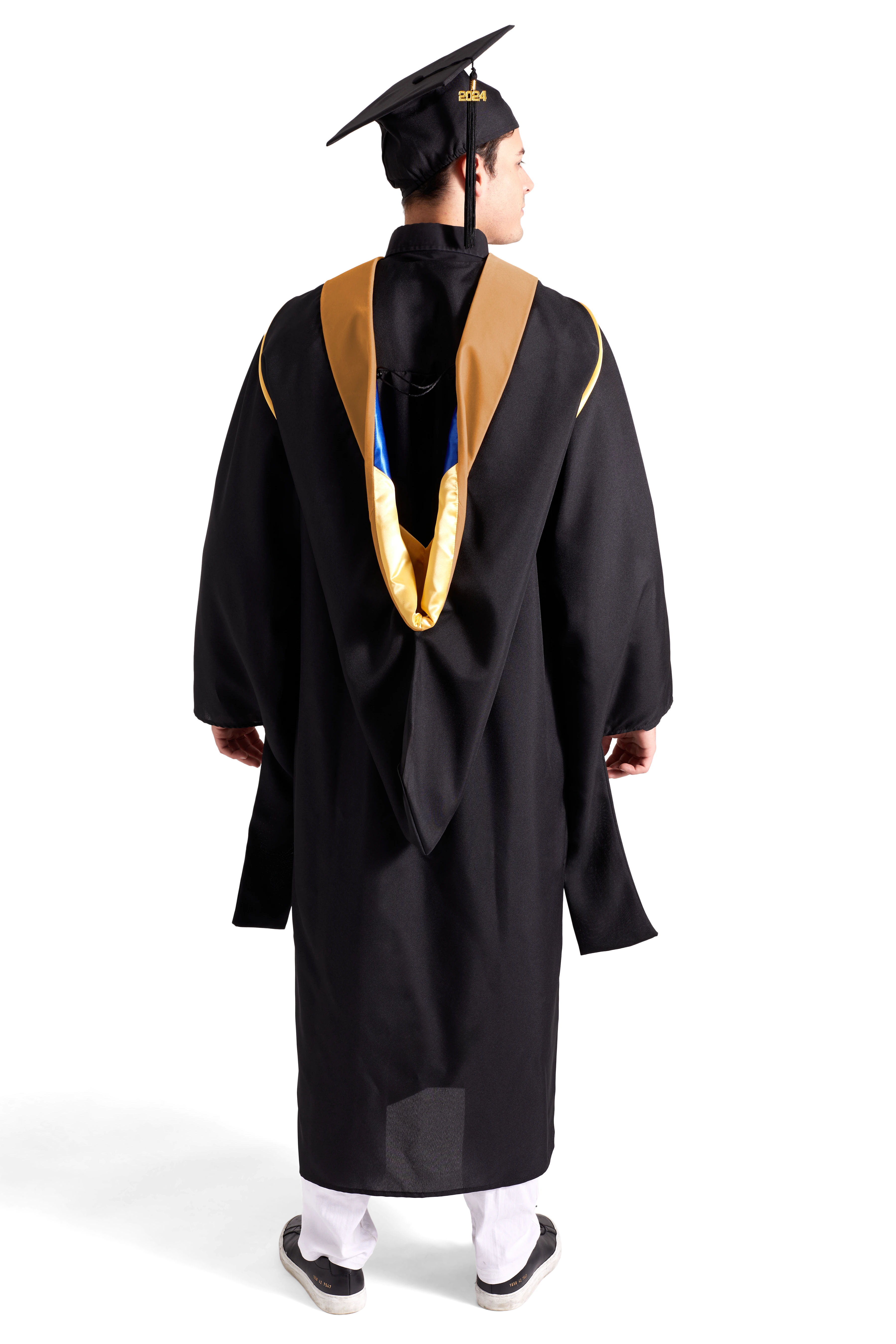 CAPGOWN | UC Campuses Master's Regalia Set, include master's gown with pockets, mortarboard cap, citron hood, and tassel with year charm.