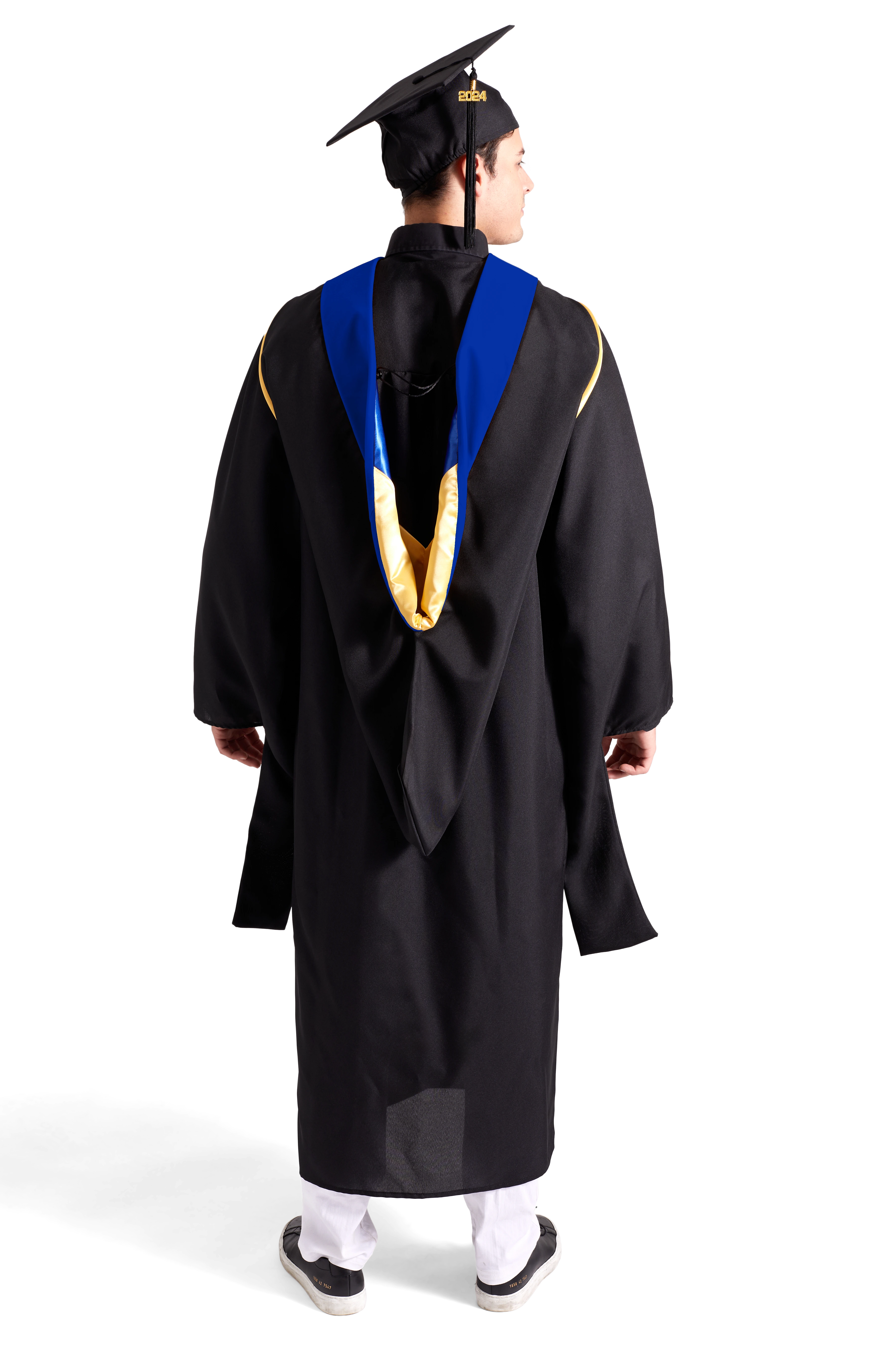 CAPGOWN | UC Campuses Master's Regalia Set, include master's gown with pockets, mortarboard cap, dark blue hood, and tassel with year charm.