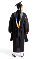 CAPGOWN | UC San Diego Master's Regalia Set, include master's gown with pockets, mortarboard cap, gray hood, and tassel with year charm.