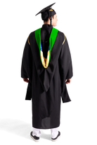 CAPGOWN | UC Santa Cruz Master's Regalia Set, include master's gown with pockets, mortarboard cap, green hood, and tassel with year charm.