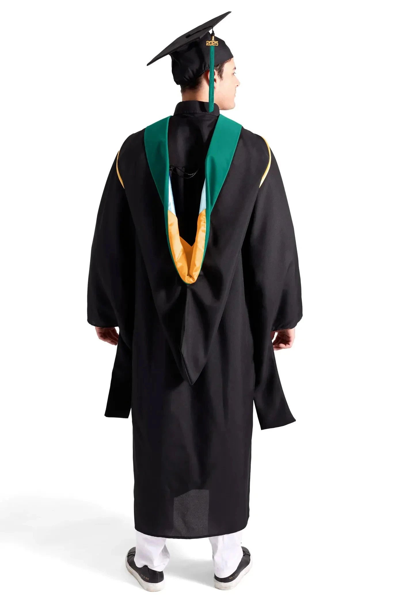 CAPGOWN | University of Washington Master's Regalia Set, include master's gown with pockets, mortarboard cap, peacock blue hood, and tassel with year charm.