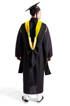CAPGOWN | UC San Diego Master's Regalia Set, include master's gown with pockets, mortarboard cap, lemon hood, and tassel with year charm.