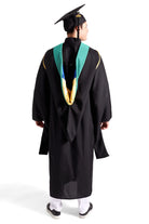 CAPGOWN | UC Santa Cruz Master's Regalia Set, include master's gown with pockets, mortarboard cap, light blue hood, and tassel with year charm.