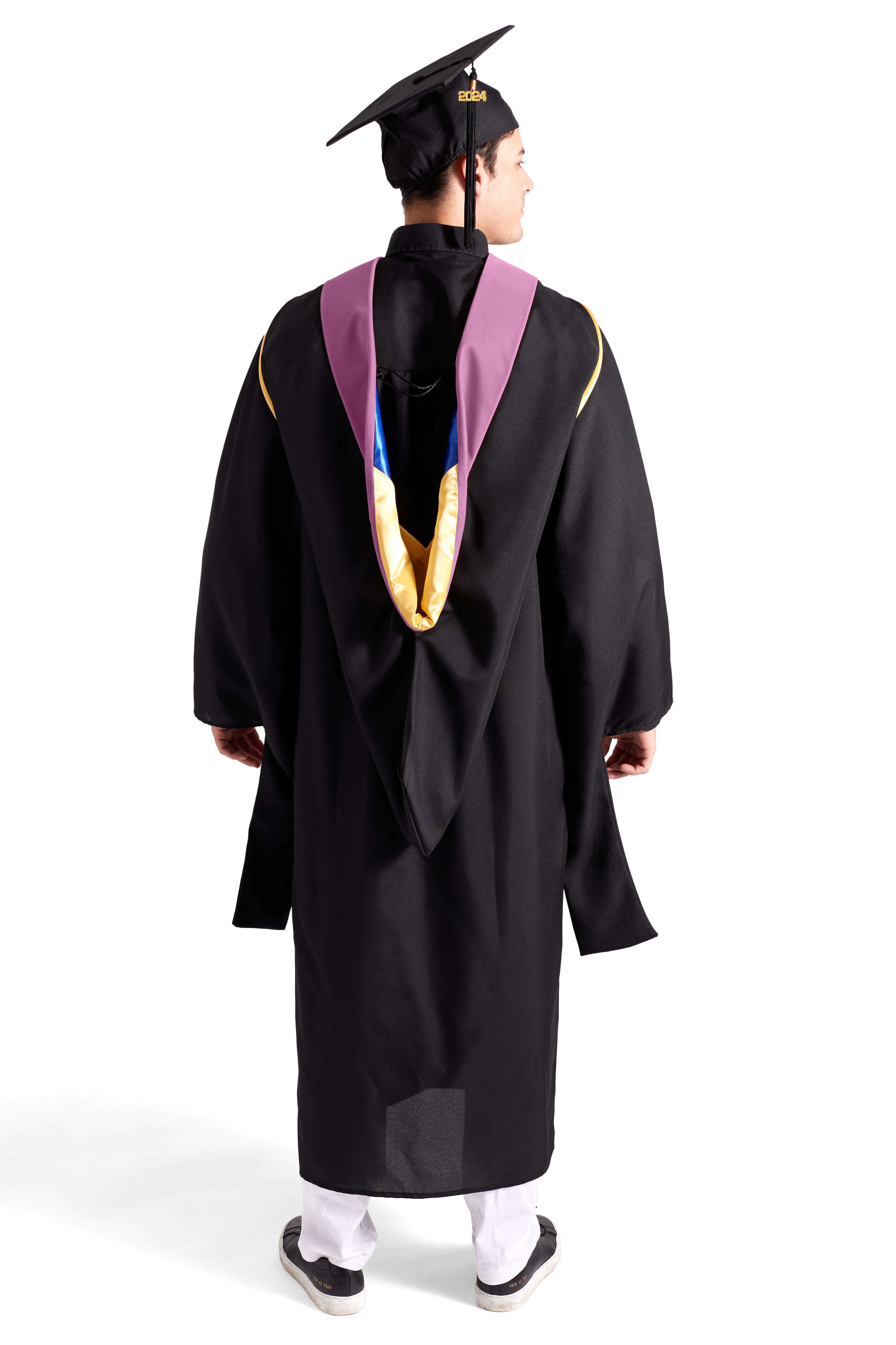 CAPGOWN | UC Campuses Master's Regalia Set, include master's gown with pockets, mortarboard cap, lilac hood, and tassel with year charm.