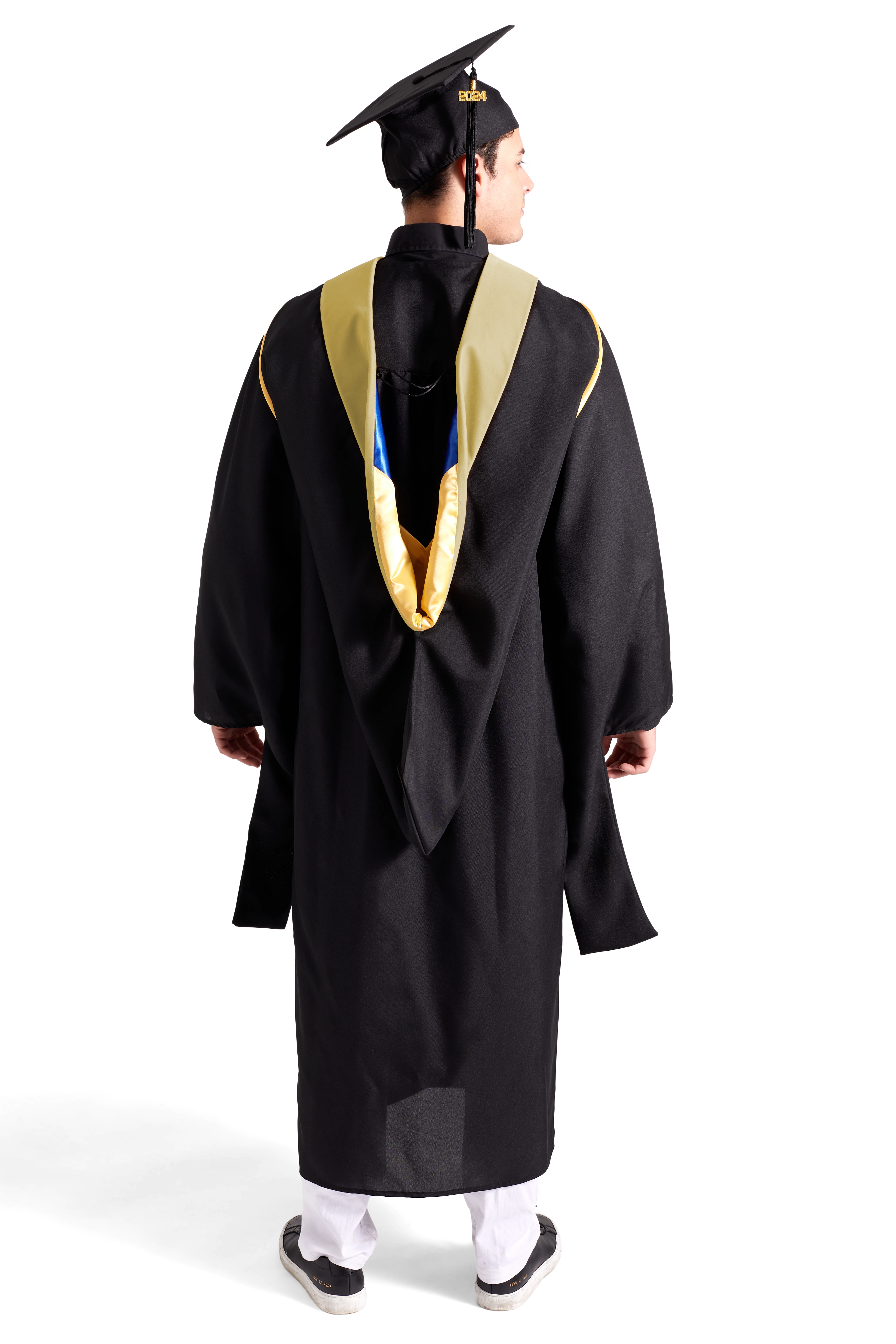 CAPGOWN | UC Campuses Master's Regalia Set, include master's gown with pockets, mortarboard cap, maize hood, and tassel with year charm.