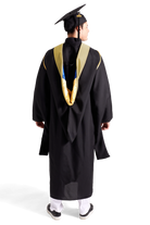 CAPGOWN | UC Santa Cruz Master's Regalia Set, include master's gown with pockets, mortarboard cap, maize hood, and tassel with year charm.