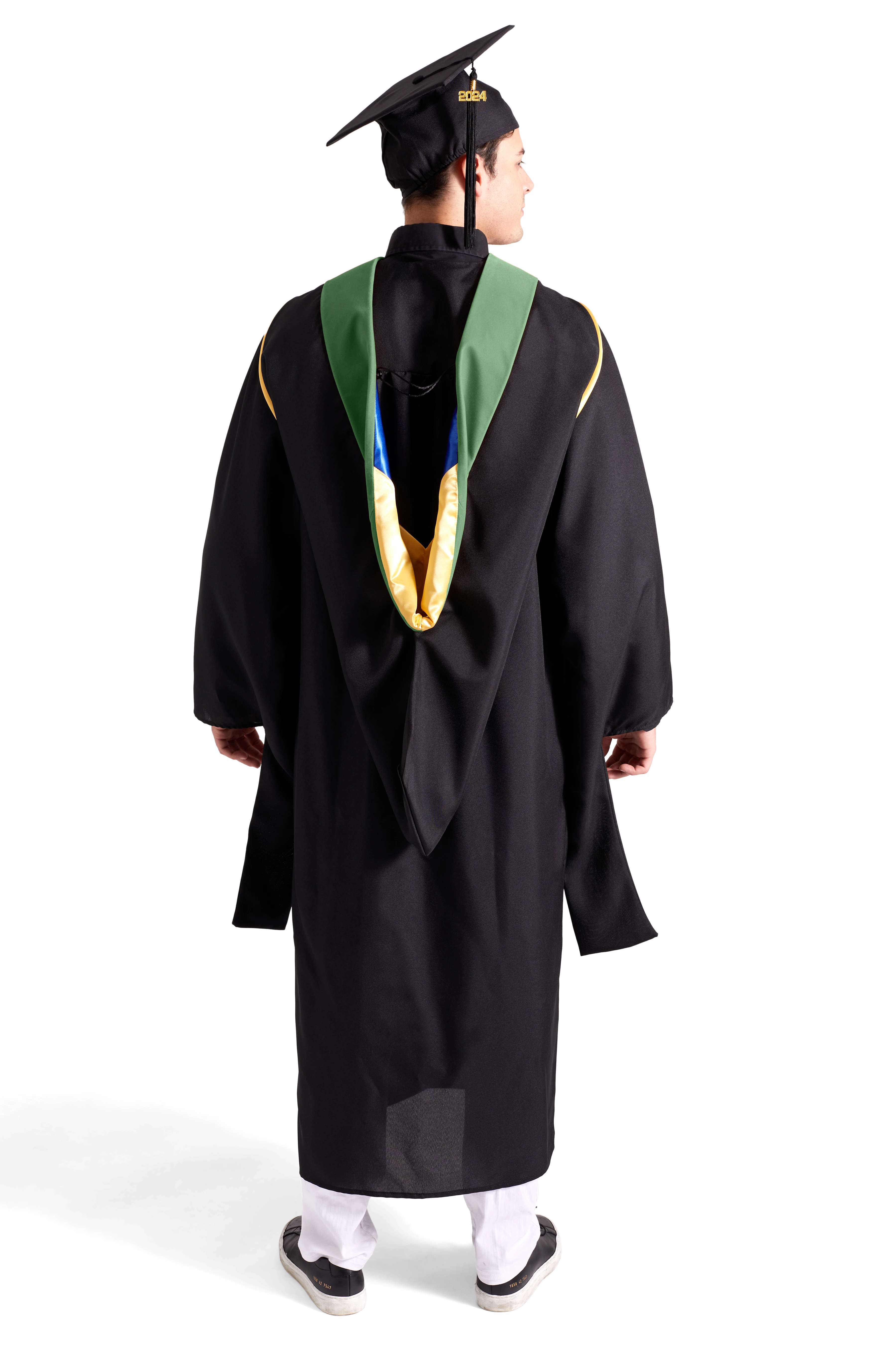 CAPGOWN | UC Campuses Master's Regalia Set, include master's gown with pockets, mortarboard cap, olive hood, and tassel with year charm.