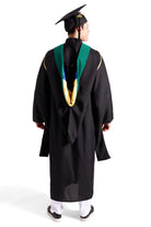 CAPGOWN | UC Santa Cruz Master's Regalia Set, include master's gown with pockets, mortarboard cap, peacock blue hood, and tassel with year charm.