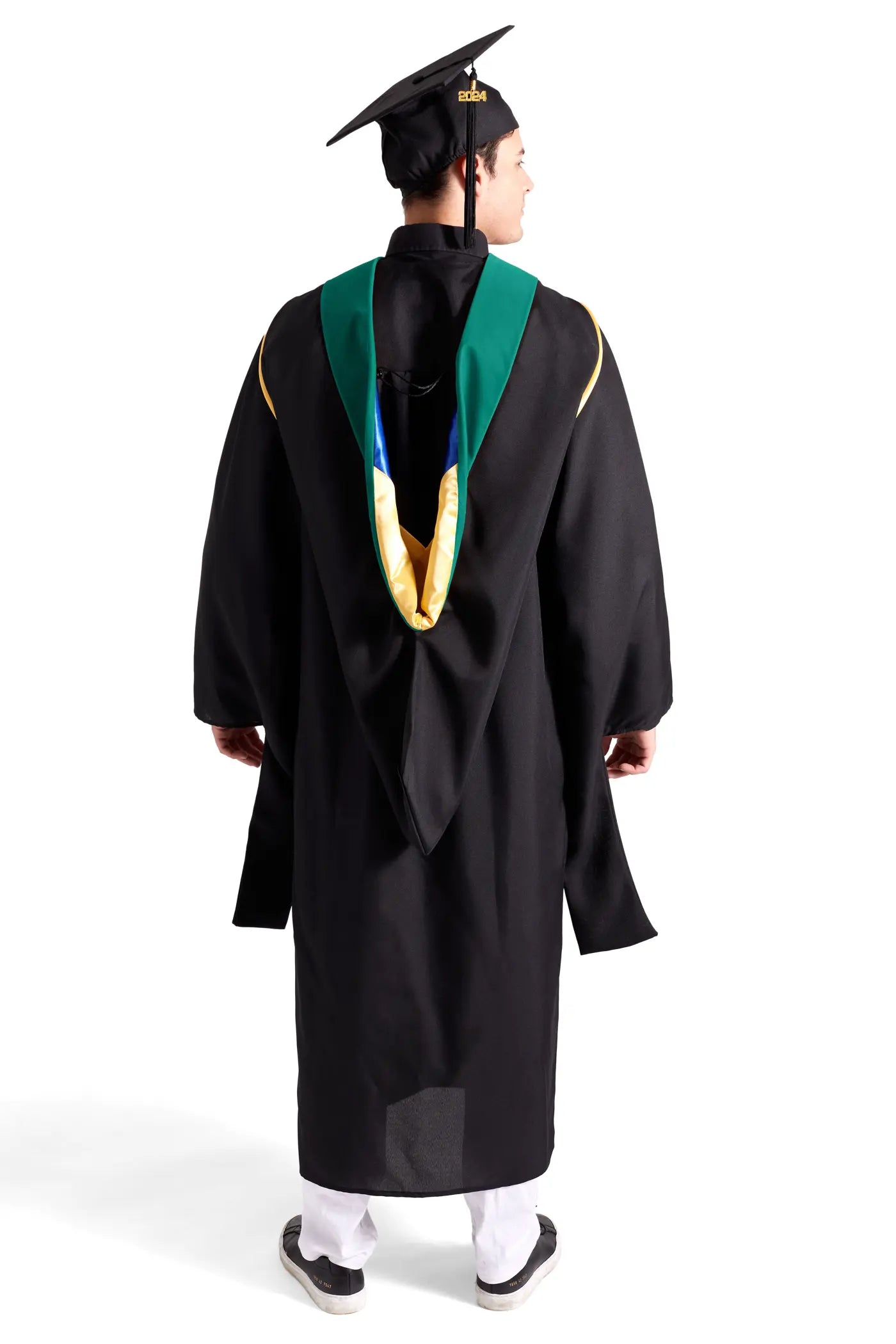 CAPGOWN | UC Campuses Master's Regalia Set, include master's gown with pockets, mortarboard cap, peacock blue hood, and tassel with year charm.