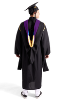 CAPGOWN | UC Santa Cruz Master's Regalia Set, include master's gown with pockets, mortarboard cap, purple hood, and tassel with year charm.