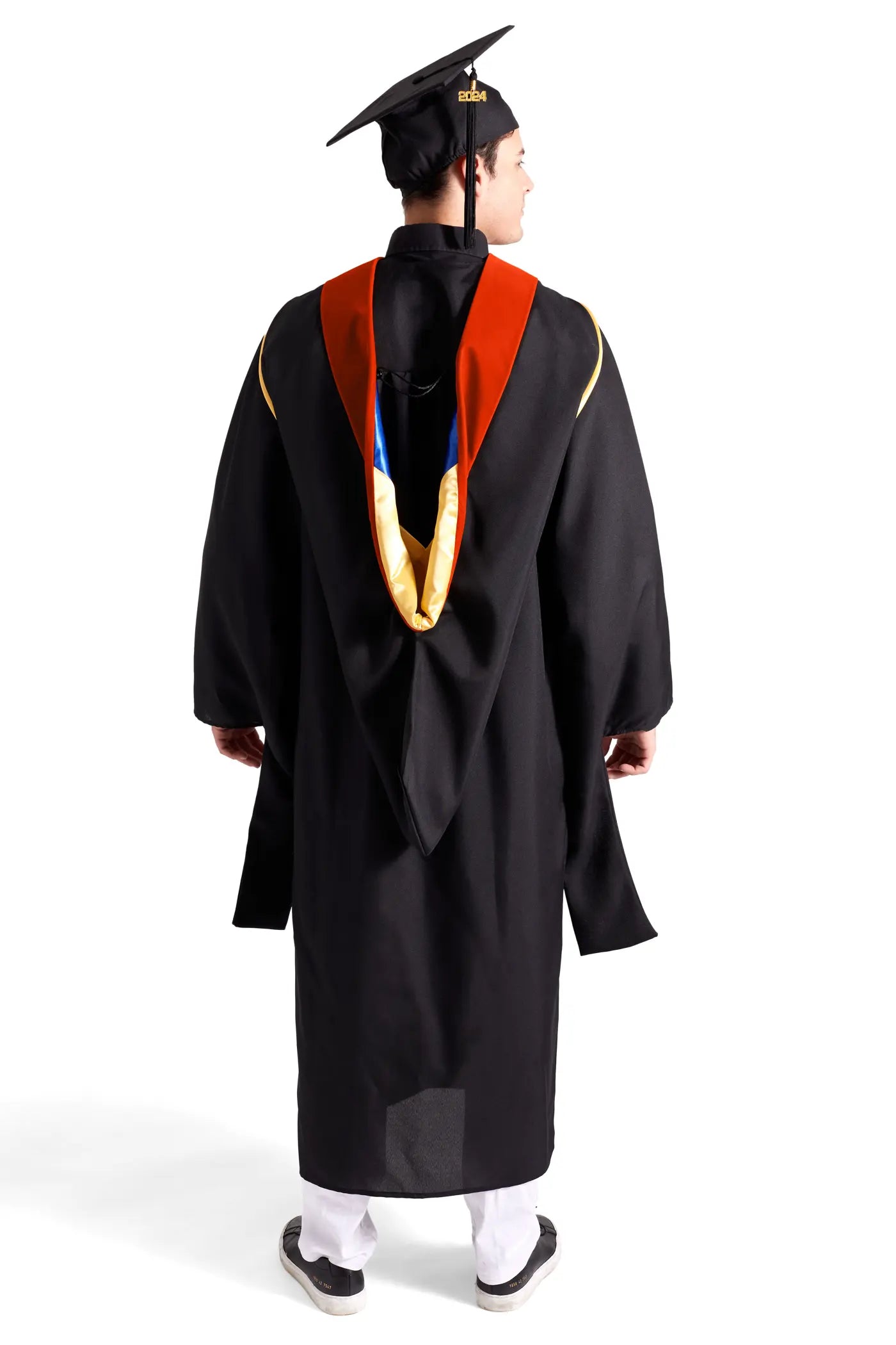 CAPGOWN | UC Campuses Master's Regalia Set, include master's gown with pockets, mortarboard cap, russet hood, and tassel with year charm.