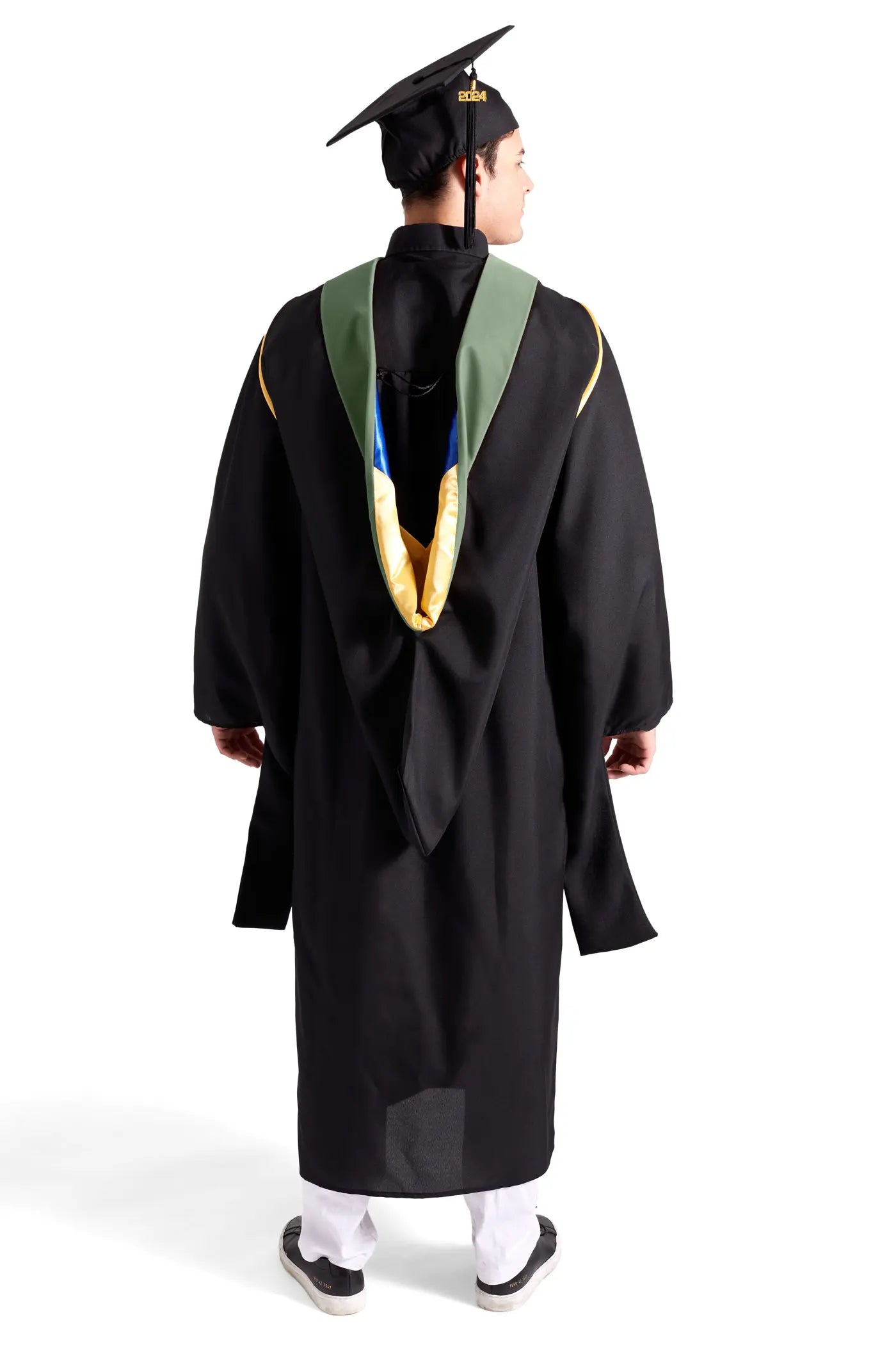 CAPGOWN | UC Campuses Master's Regalia Set, include master's gown with pockets, mortarboard cap, sage green hood, and tassel with year charm.