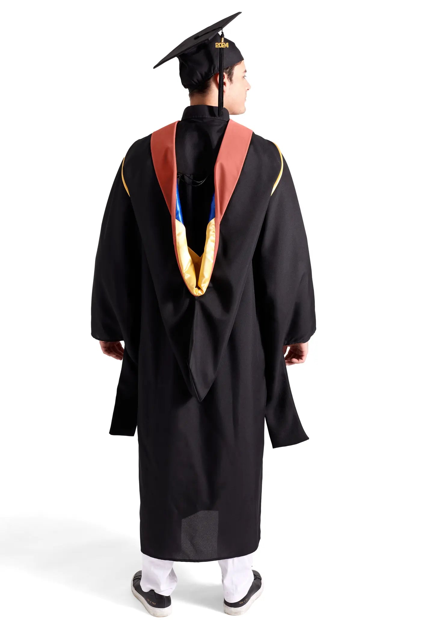 CAPGOWN | UC Campuses Master's Regalia Set, include master's gown with pockets, mortarboard cap, salmon pink hood, and tassel with year charm.