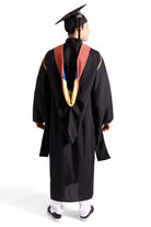 CAPGOWN | UC Santa Cruz Master's Regalia Set, include master's gown with pockets, mortarboard cap, salmon pink hood, and tassel with year charm.