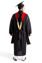 CAPGOWN | UC Santa Cruz Master's Regalia Set, include master's gown with pockets, mortarboard cap, scarlet hood, and tassel with year charm.