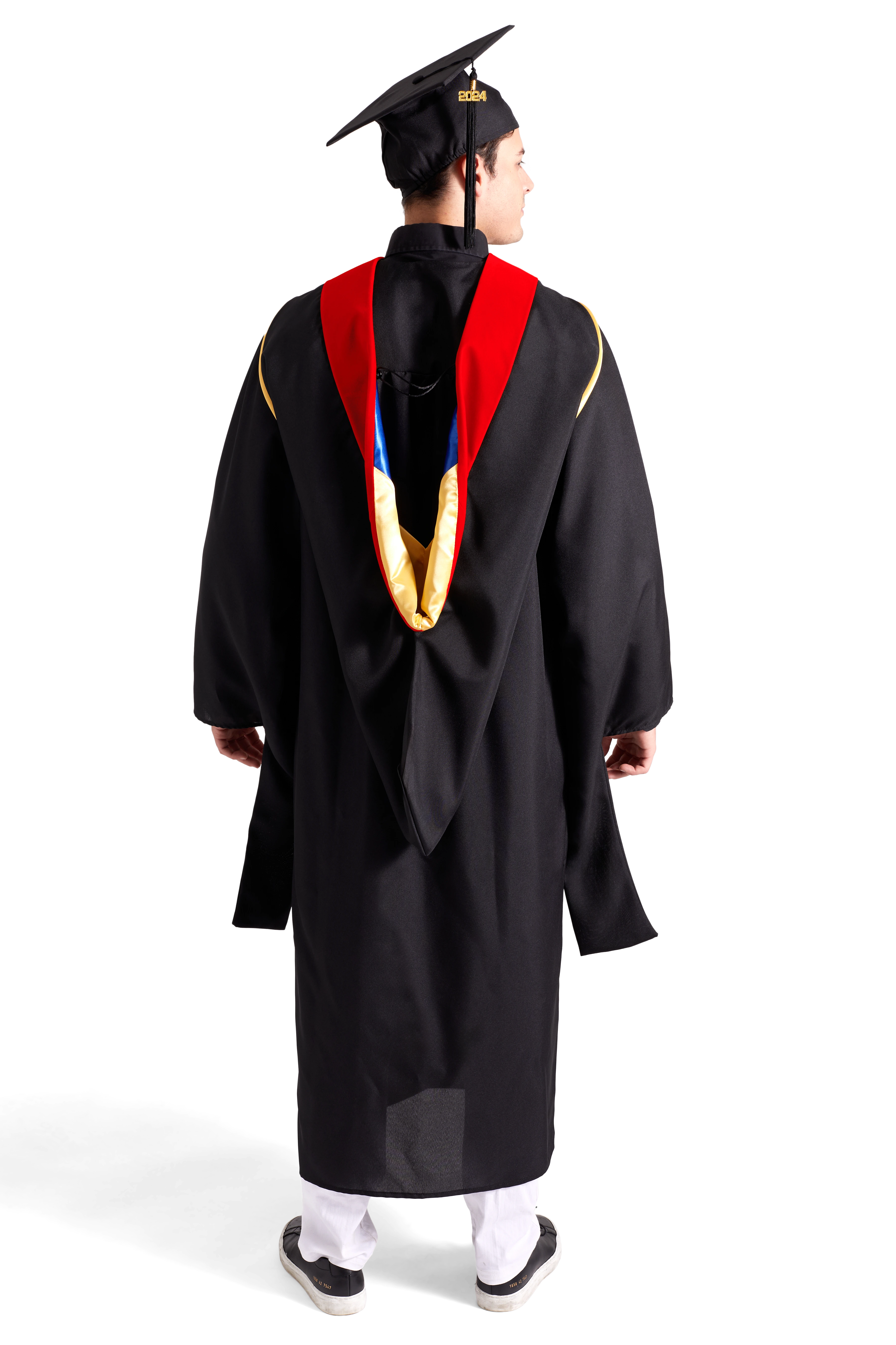 CAPGOWN | UC Campuses Master's Regalia Set, include master's gown with pockets, mortarboard cap, scarlet hood, and tassel with year charm.