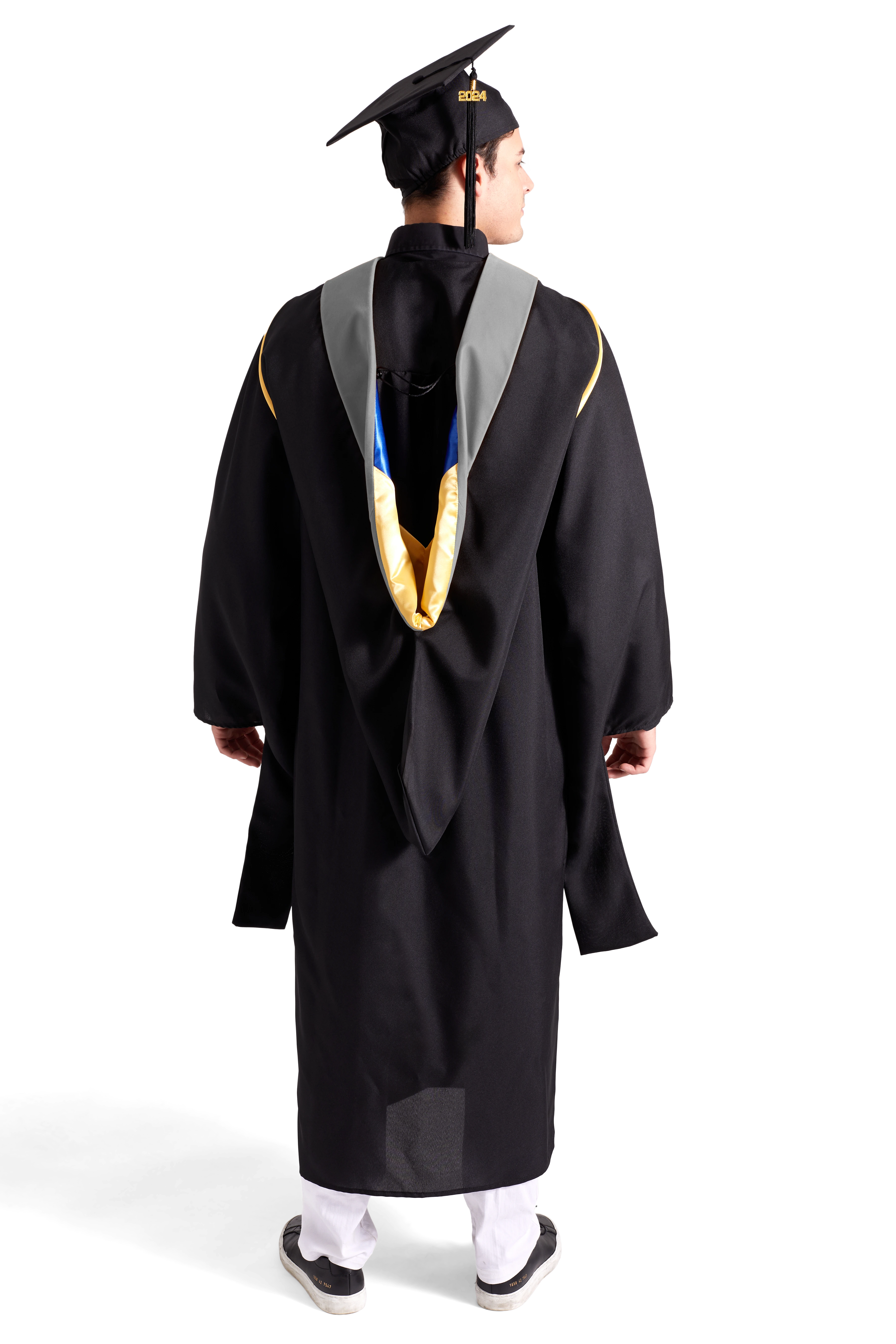 CAPGOWN | UC Campuses Master's Regalia Set, include master's gown with pockets, mortarboard cap, silver hood, and tassel with year charm.