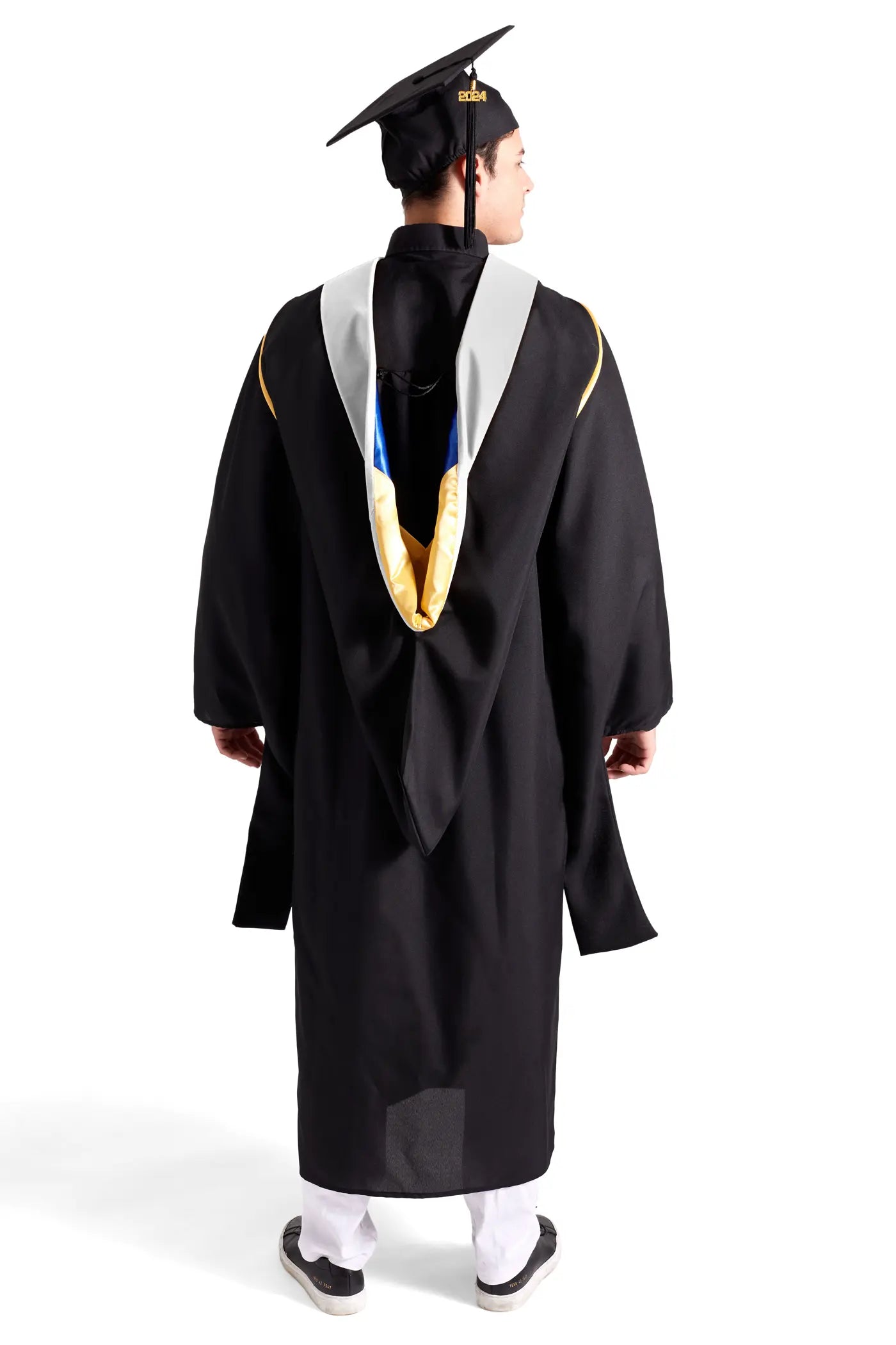 CAPGOWN | UC Campuses Master's Regalia Set, include master's gown with pockets, mortarboard cap, white hood, and tassel with year charm.