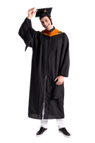 CAPGOWN | UC Santa Cruz Master's Regalia Set, include master's gown with pockets, mortarboard cap, degree hood, and tassel with year charm.