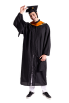 CAPGOWN | UC Santa Cruz Master's Regalia Set, include master's gown with pockets, mortarboard cap, degree hood, and tassel with year charm.