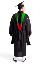 CAPGOWN | Stanford University Master's Regalia Set, include bachelors gown with pockets, mortarboard cap, Kelly Green hood, and tassel with year charm.