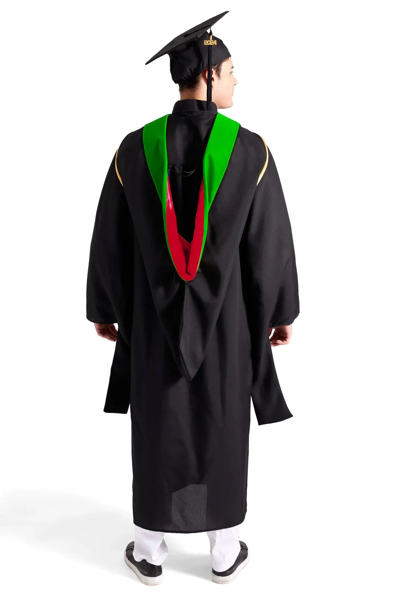 CAPGOWN | Stanford University Master's Regalia Set, include bachelors gown with pockets, mortarboard cap, Kelly Green hood, and tassel with year charm.