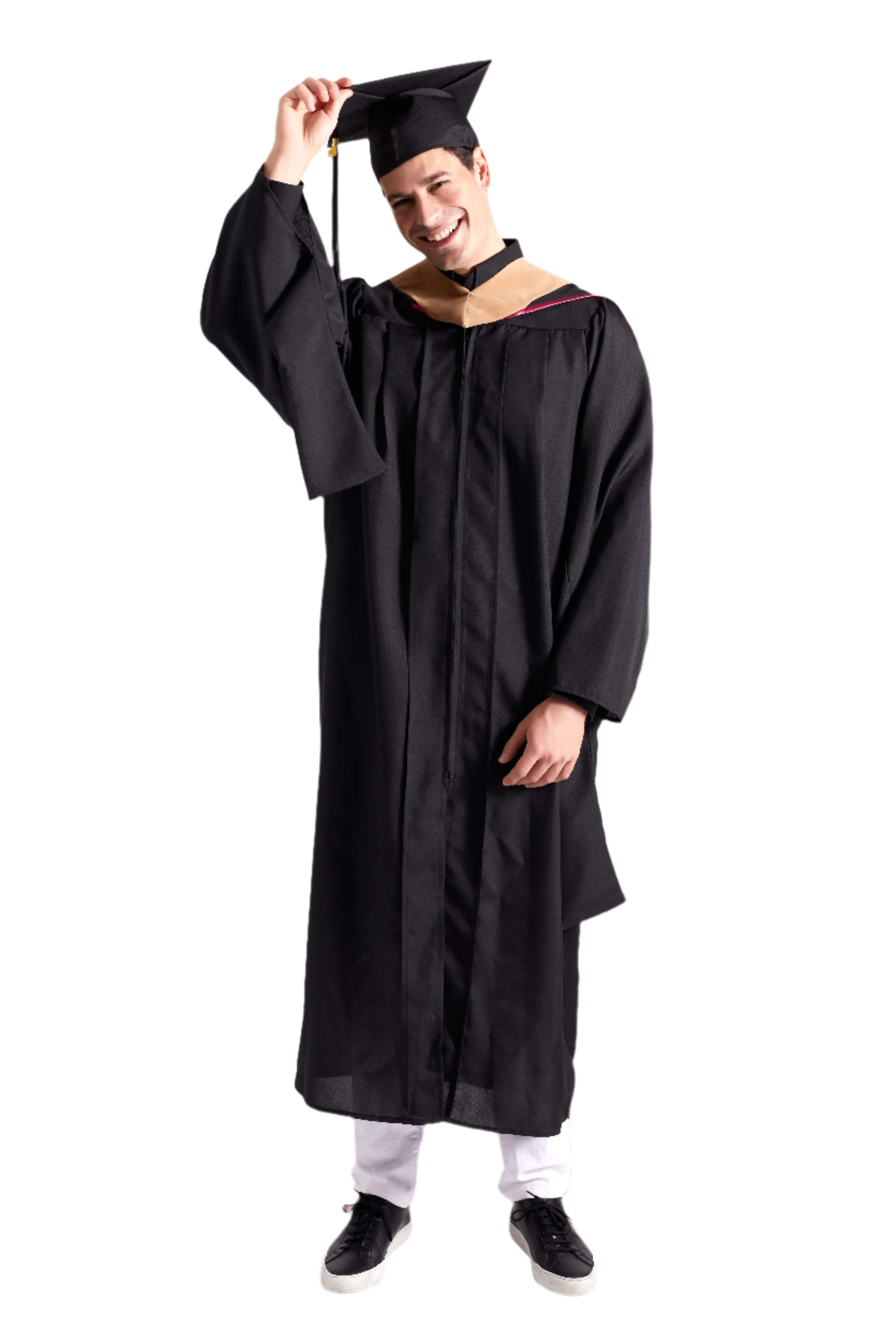 CAPGOWN | Stanford University Master's Regalia Set, include master's gown with pockets, mortarboard cap, degree hood, and tassel with year charm.