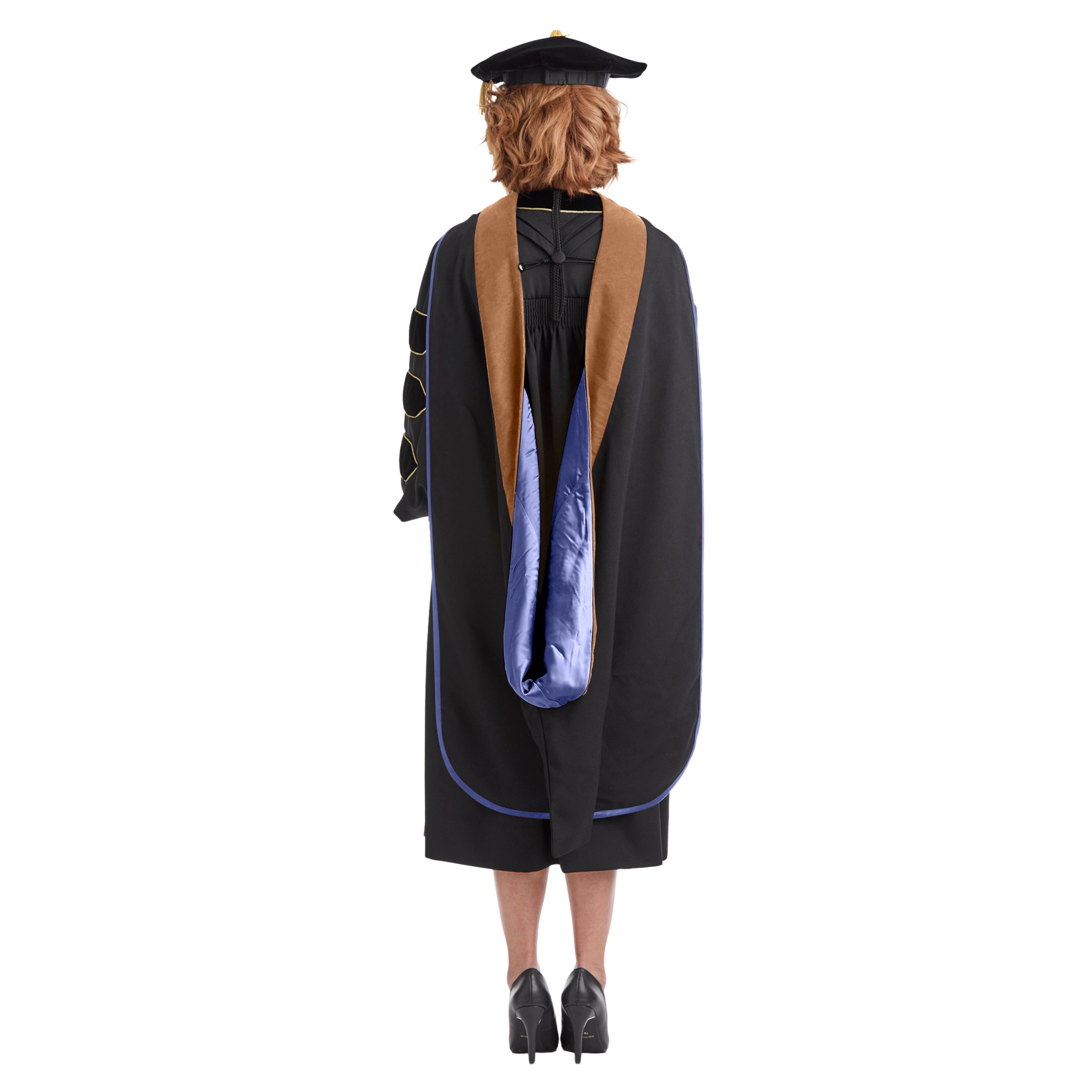 UBIS Doctoral Regalia Set for Doctor of Business Administration – includes black doctoral gown with velvet panels, UBIS DBA hood, gold bullion tassel on 8-sided tam, and official doctoral sash.