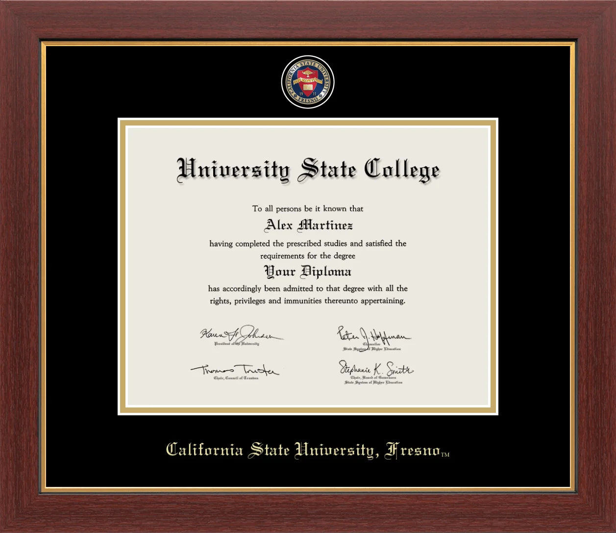 CAPGOWN | Cal State Fresno Medallion Diploma Frame for Bachelor, Master, and Doctoral Graduates. Designed and made in USA.