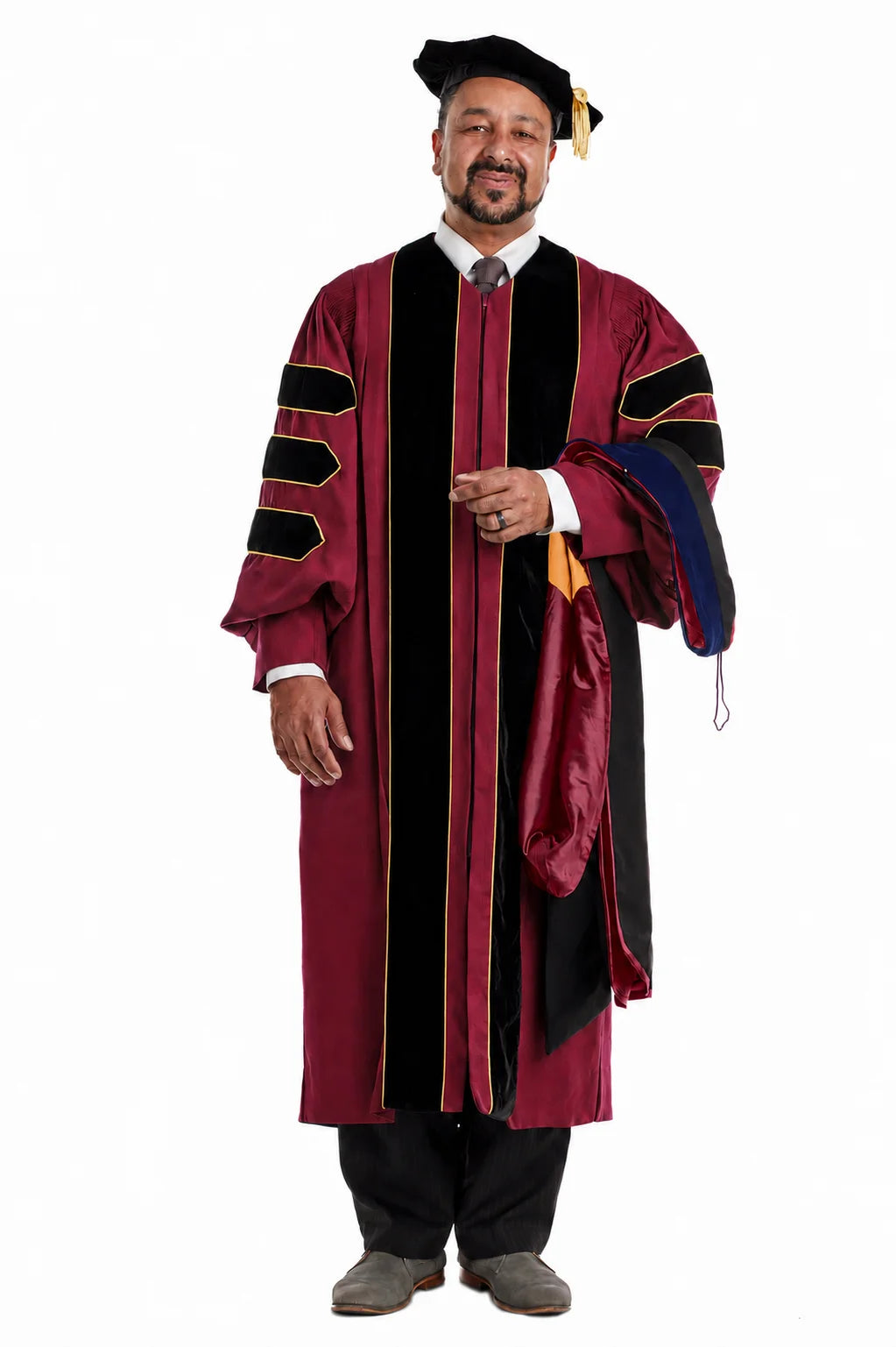 Florida State University doctoral hood with royal blue velvet trim and gold-and-maroon satin lining