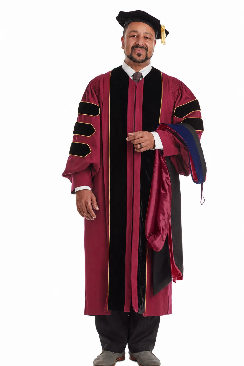 Fordham University doctoral hood with royal blue velvet trim, maroon satin lining, and gold chevron