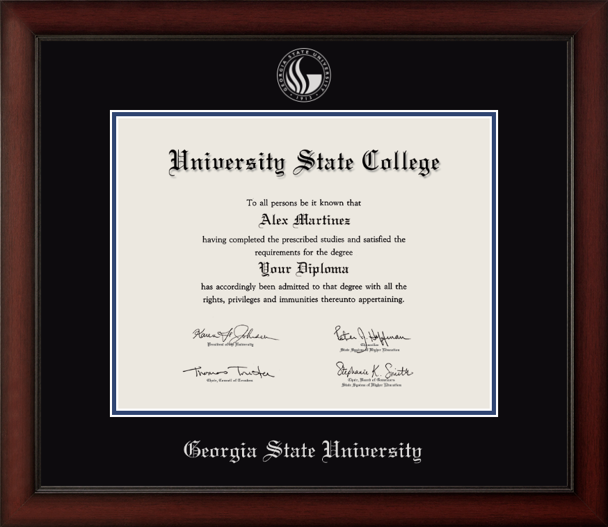 CAPGOWN | Georgia State University Cherry Wood Diploma Frame for Bachelor's, Master's, and non-PhD doctoral graduates. Designed and made in USA.