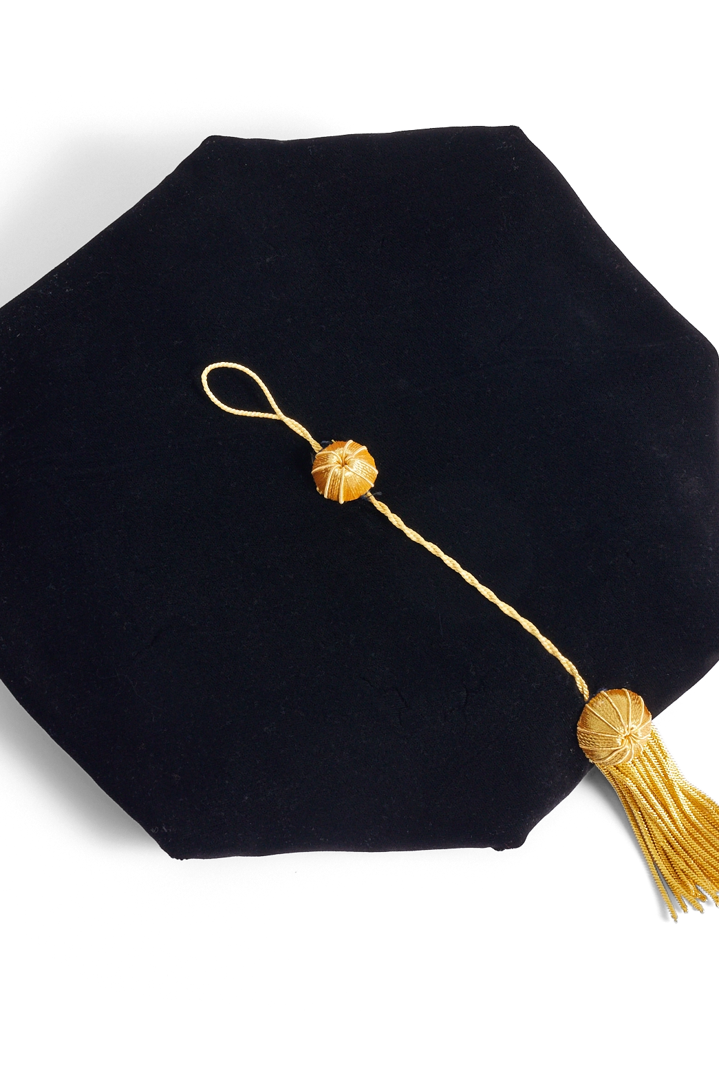 Indiana University Indianapolis black eight-sided doctoral tam with gold bullion tassel, crafted in plush velvet for distinguished academic tradition.