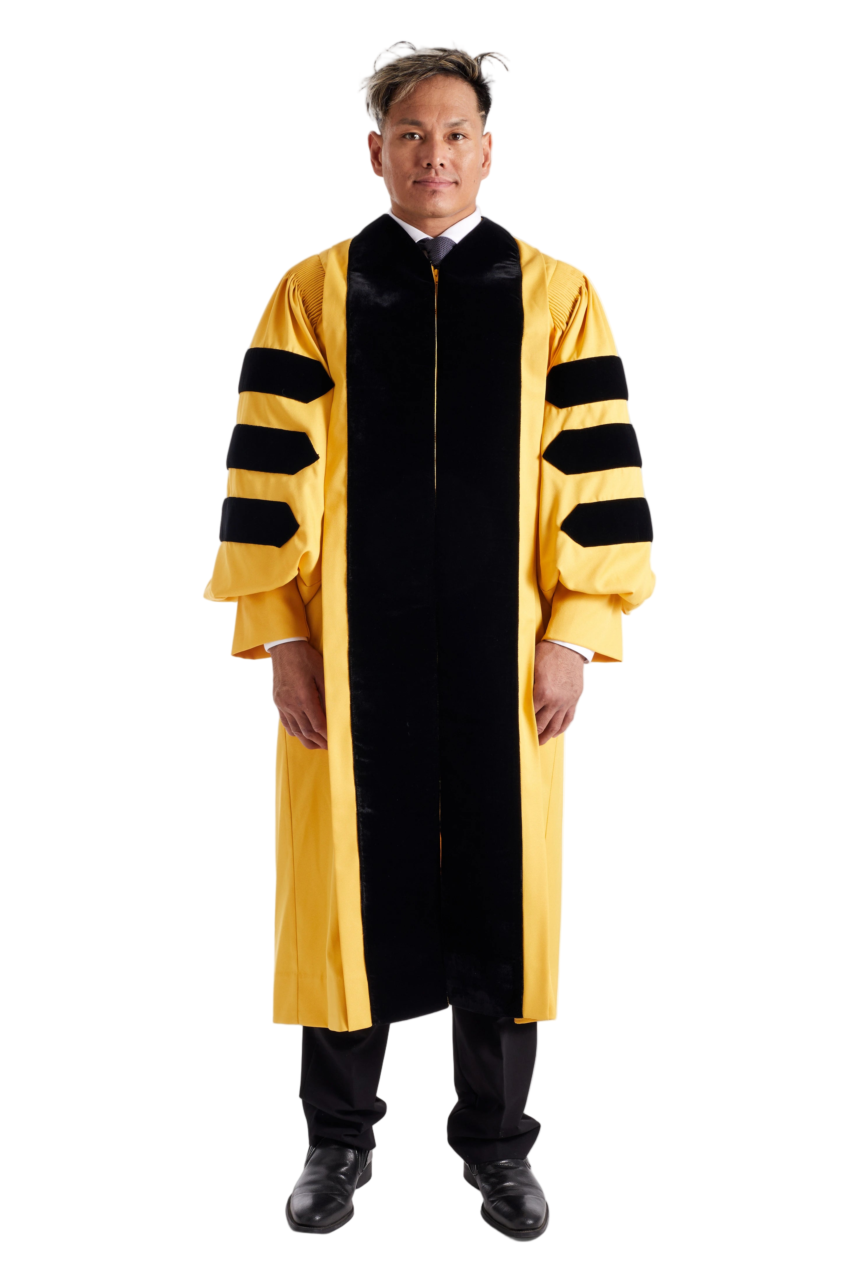 Johns Hopkins University doctoral gown in official black & yellow, featuring plush velvet panels, three velvet chevrons on bell sleeves, and premium tailored fabric designed to meet Intercollegiate Bureau of Academic Costume standards.