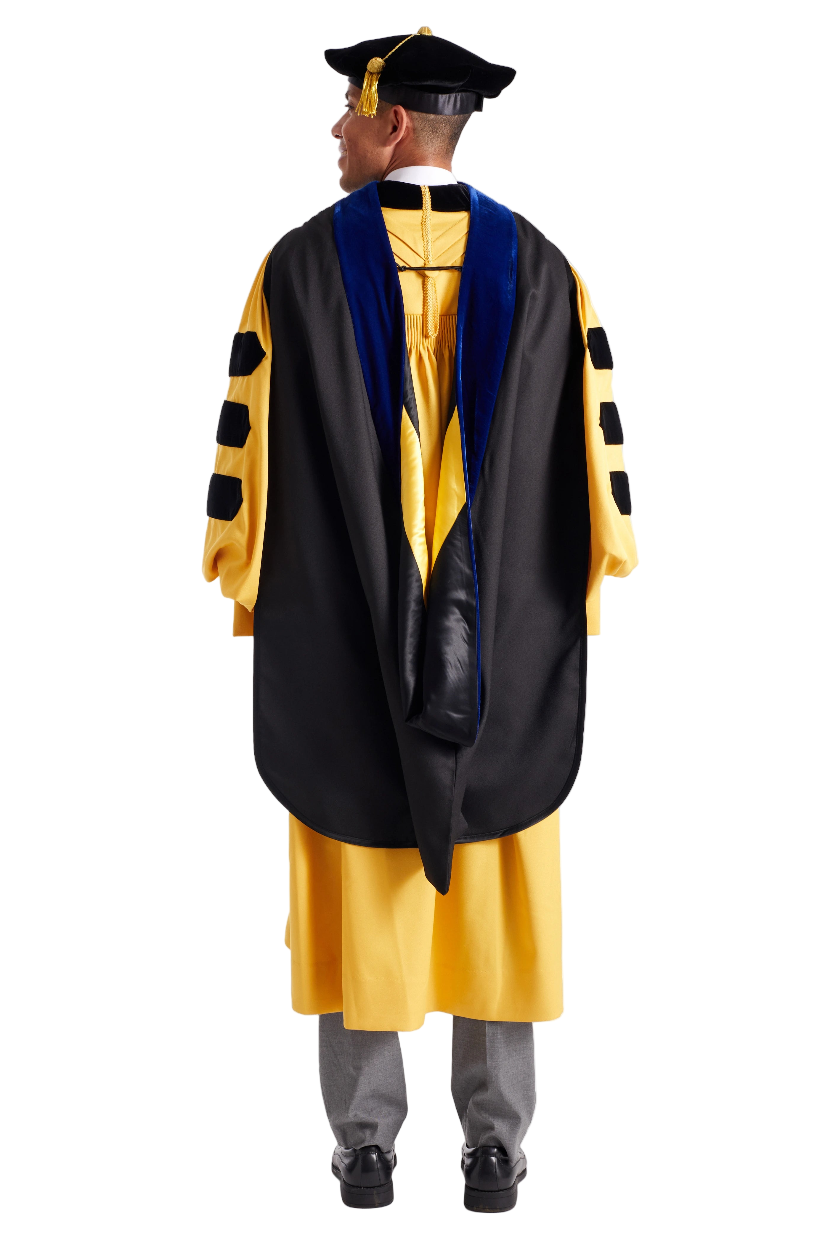 Johns Hopkins University doctoral hood with black and stripe-yellow satin lining, blue velvet trim for PhD discipline, and premium tailored construction meeting Intercollegiate Bureau of Academic Costume standards.