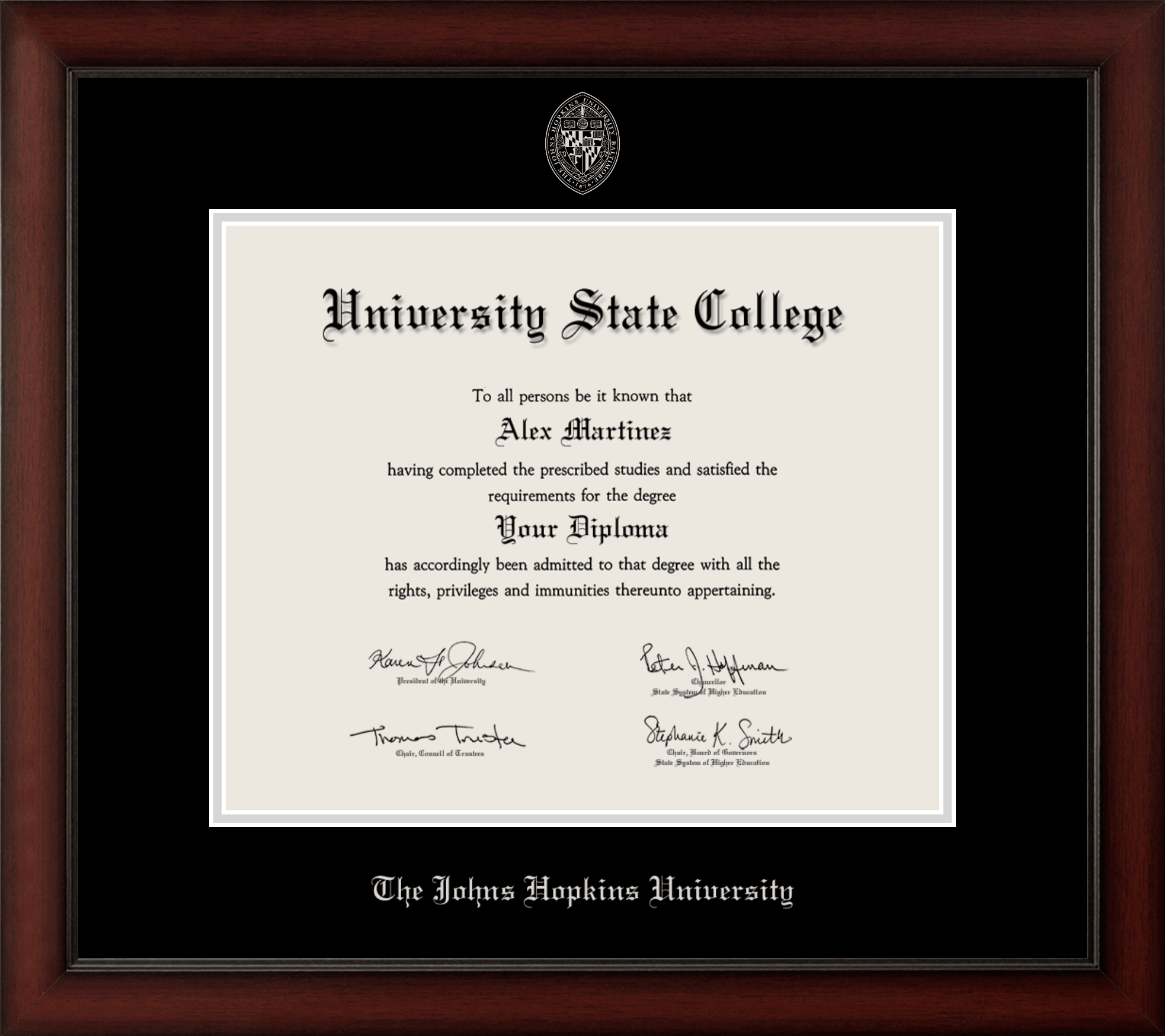 CAPGOWN | Johns Hopkins University Cherry Wood Diploma Frame for Doctoral Graduates. Designed and made in USA.