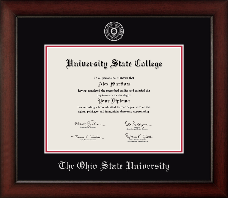 CAPGOWN | Ohio State University Cherry Wood Diploma Frame for Bachelor's, Master's, and doctoral graduates. Designed and made in USA.