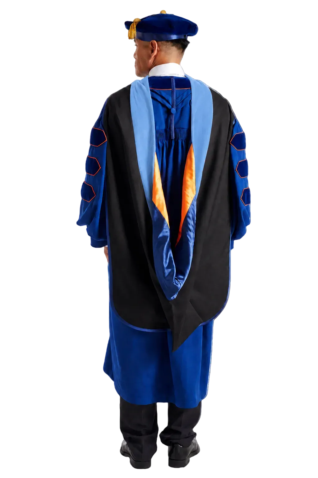 Pepperdine University doctoral hood with blue velvet trim and blue and orange satin lining