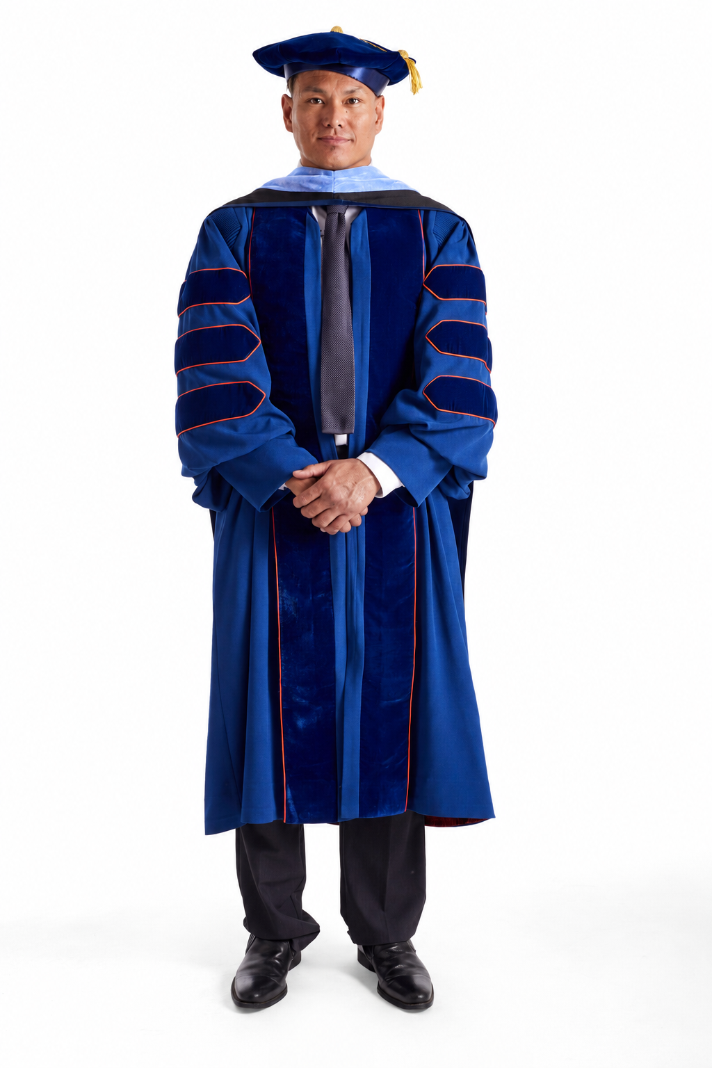 Pepperdine University complete doctoral regalia set with gown, hood, and tam